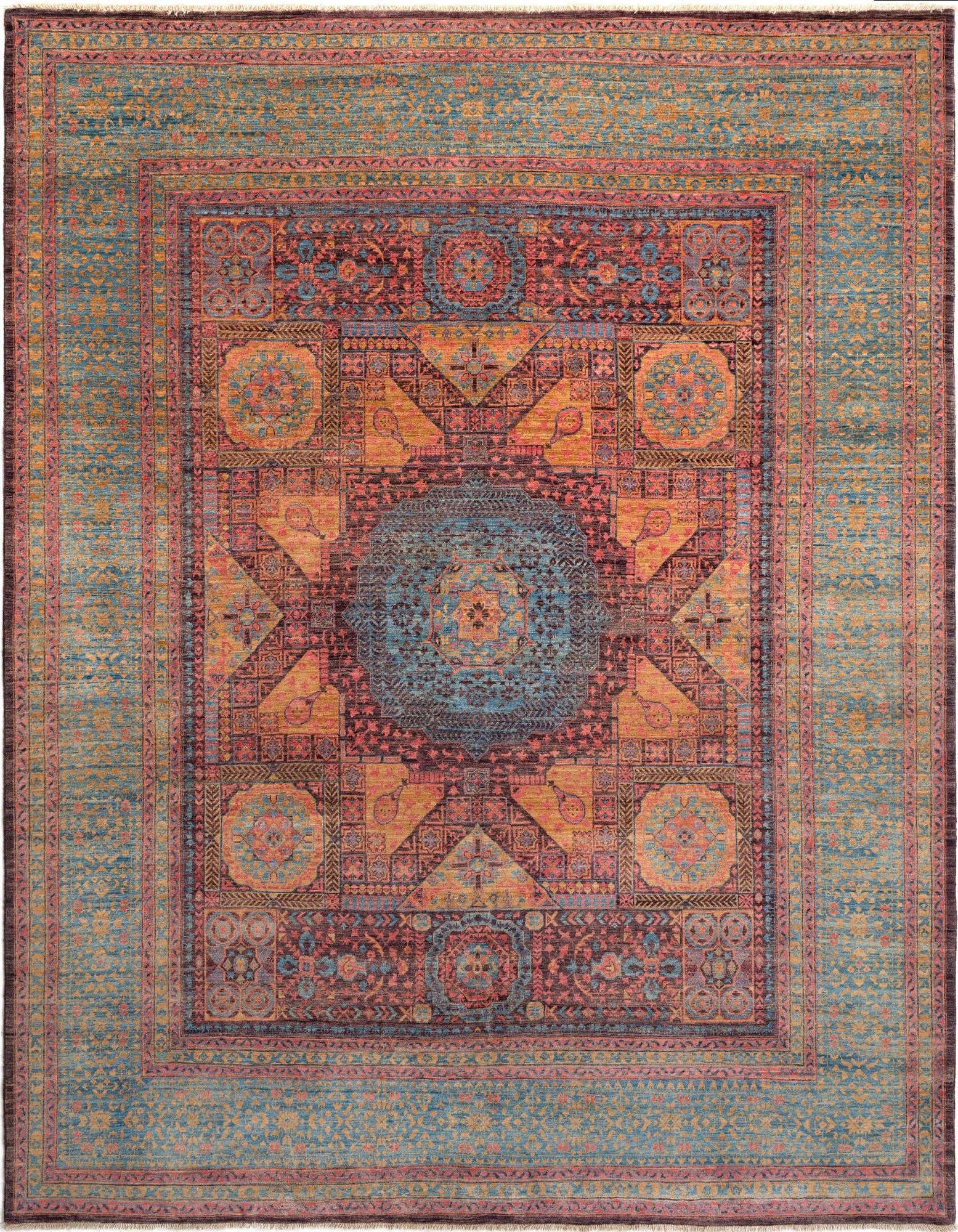 A rectangular handmade Persian rug featuring a complex central medallion in blues and oranges, surrounded by geometric patterns in purples and oranges, with a wide teal border.