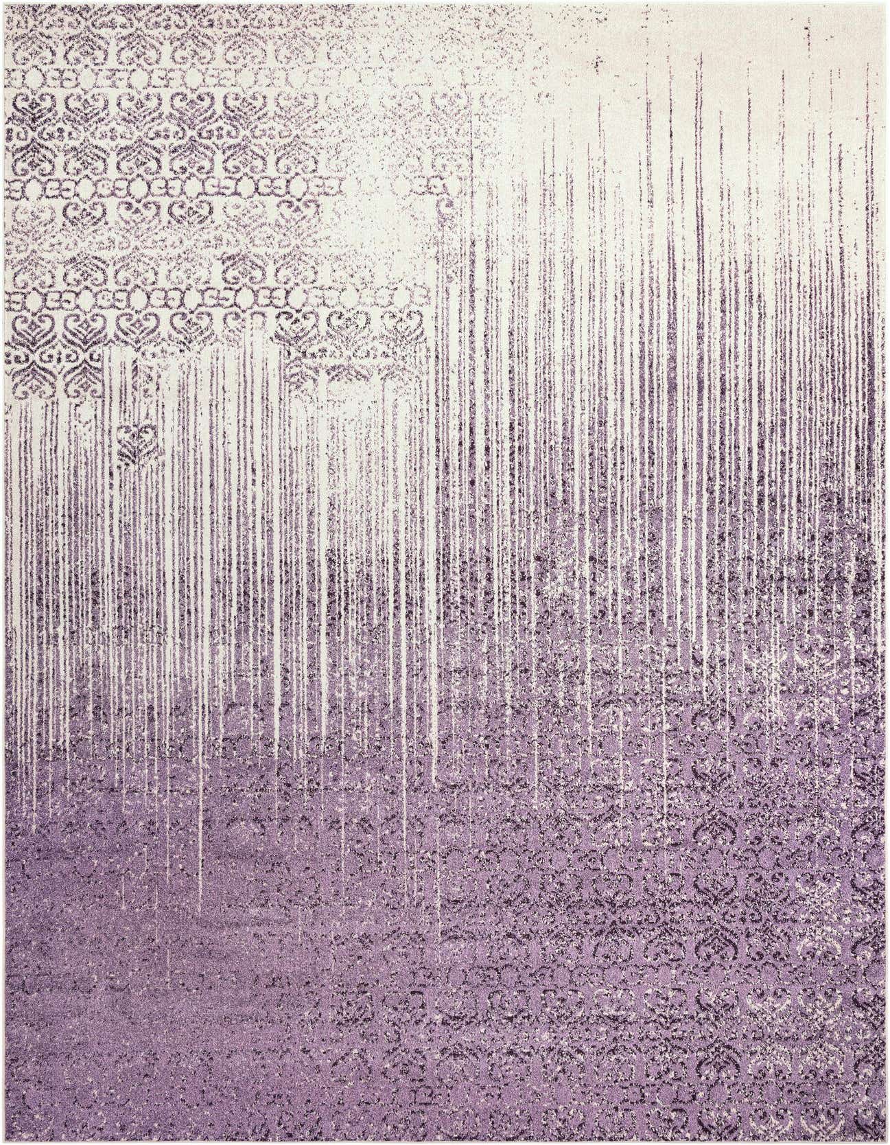 A rectangular purple and cream transitional rug featuring an abstract pattern with faded traditional motifs.