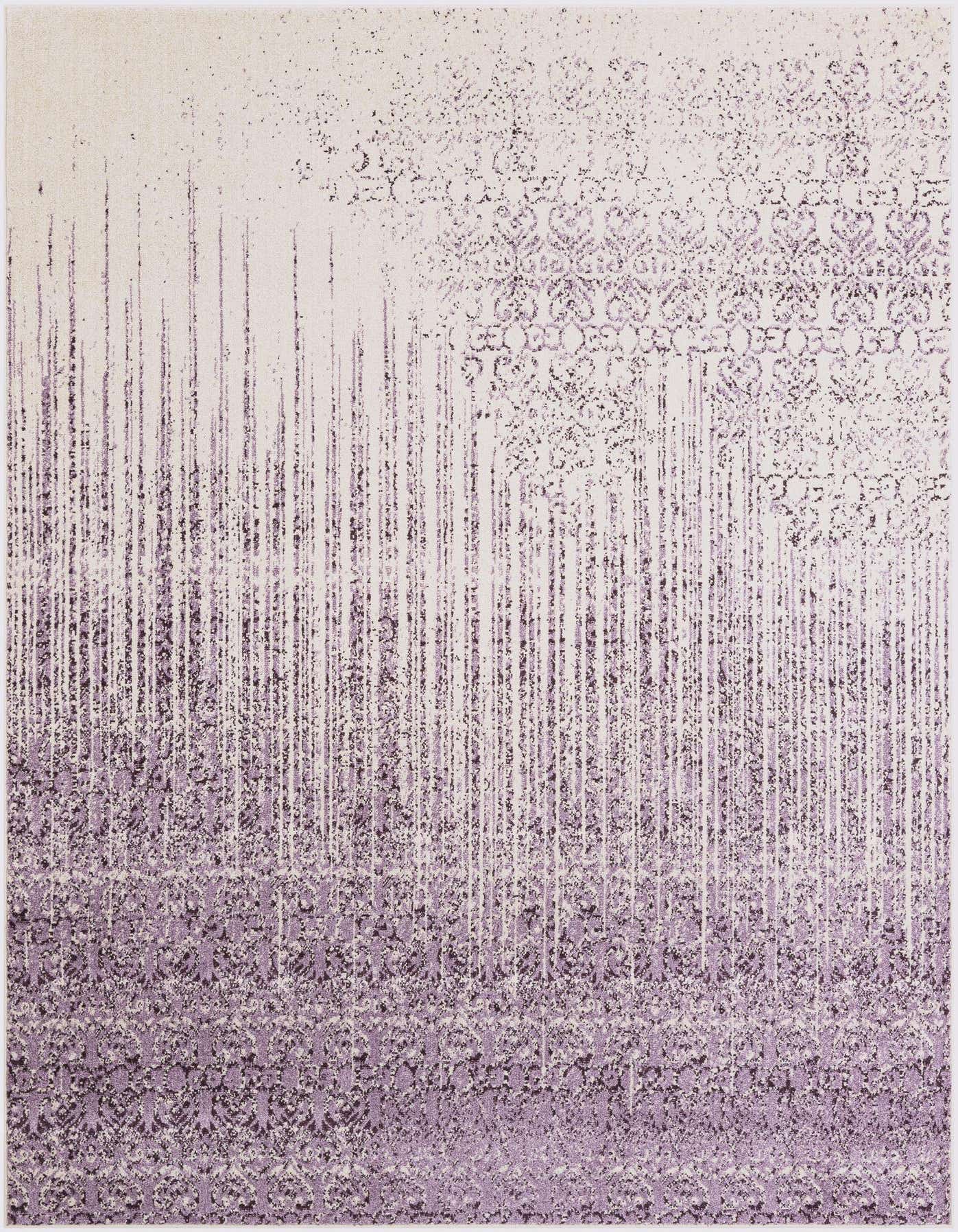A 7x10 rectangular purple and white transitional rug with an abstract, distressed pattern featuring vertical lines and subtle floral motifs.
