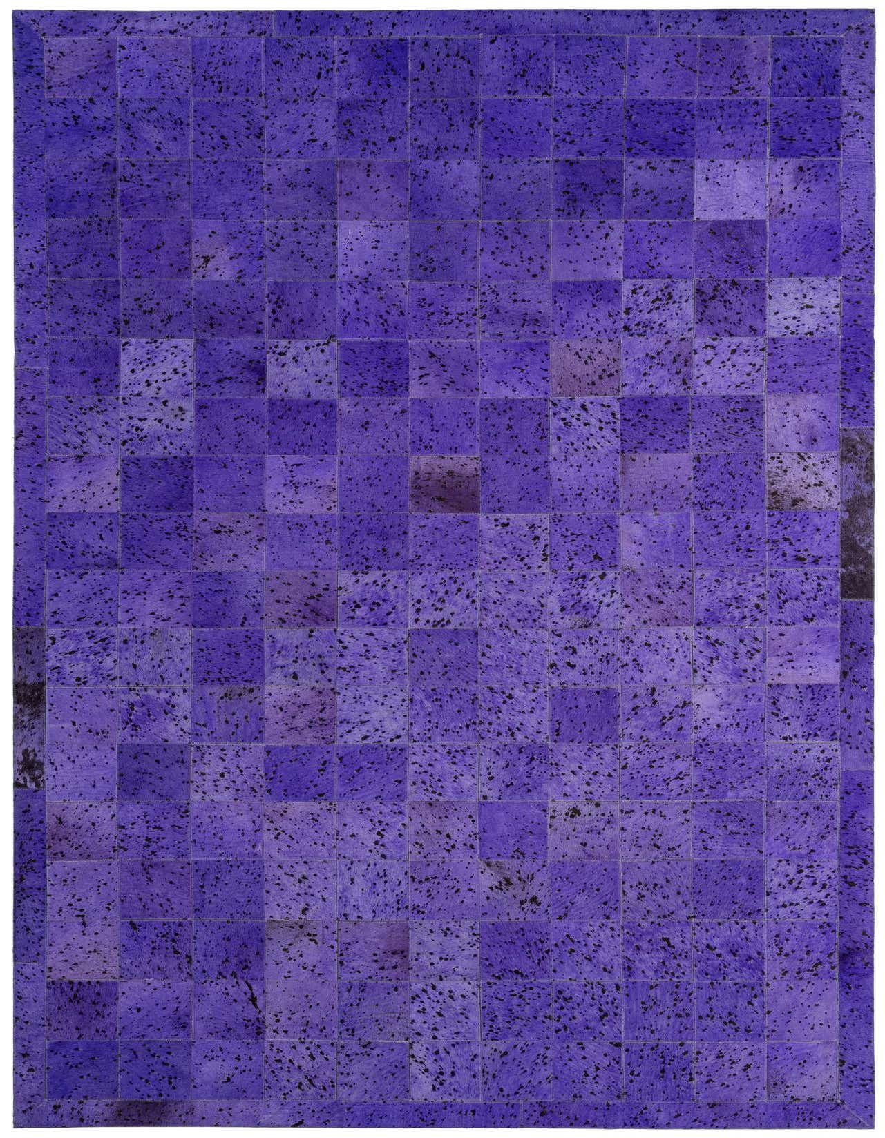 A 5x8 rectangular Cowhide - Patchwork rug in varying shades of purple with dark speckles, featuring a modern, abstract design.