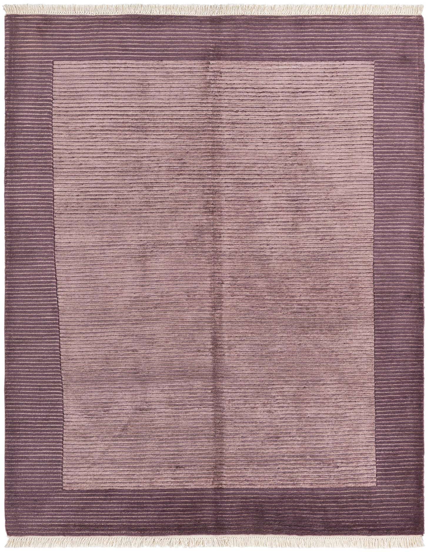 A 4x6 rectangular Darya rug with a modern Oriental design, featuring a light purple center and a darker purple striped border, made of high-pile wool.