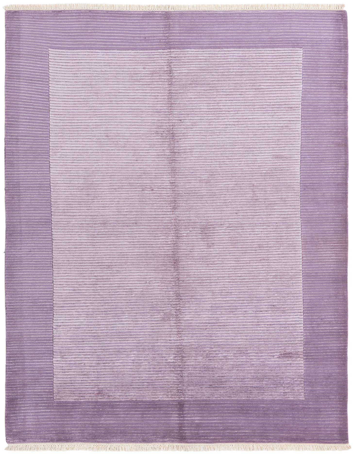 A 5x8 rectangular purple wool area rug featuring a modern oriental design with a lighter purple center and a darker purple border, both with horizontal ribbed textures.