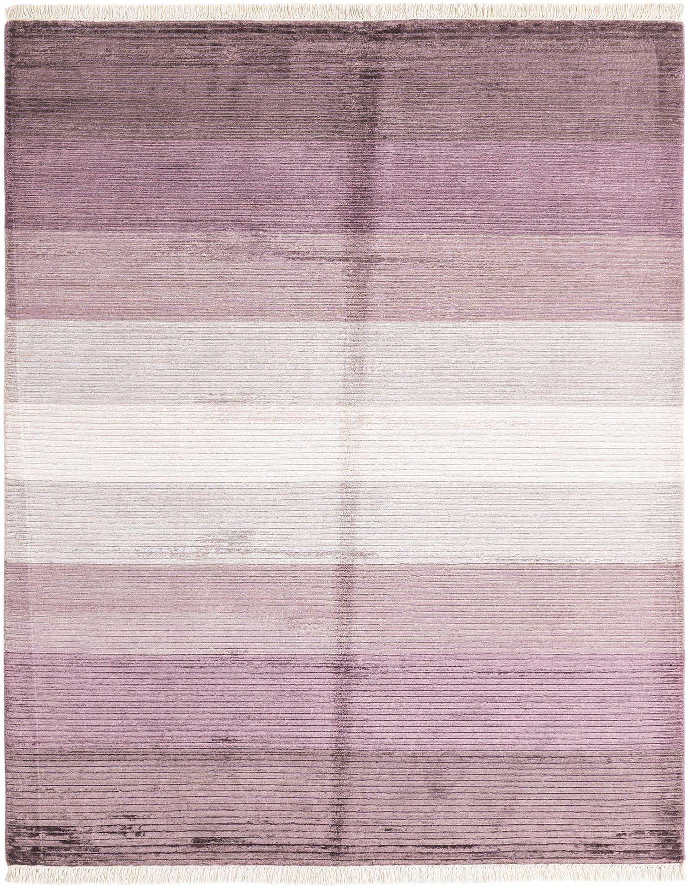 A 4x6 rectangular rug featuring modern horizontal stripes in varying shades of purple, from deep plum to light lavender, with a high pile.