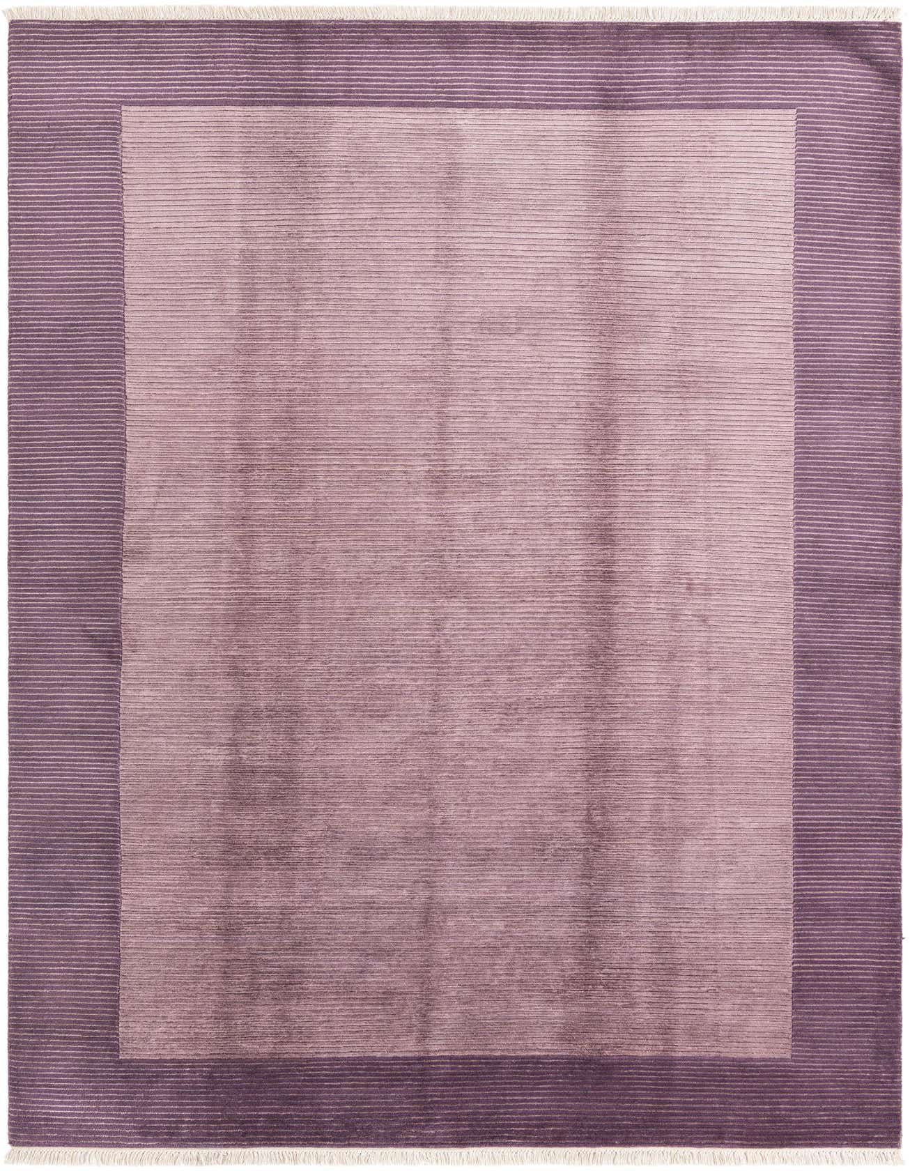 A 7x10 rectangular Darya rug in varying shades of purple, featuring a modern striped border and a solid center, with white fringes.