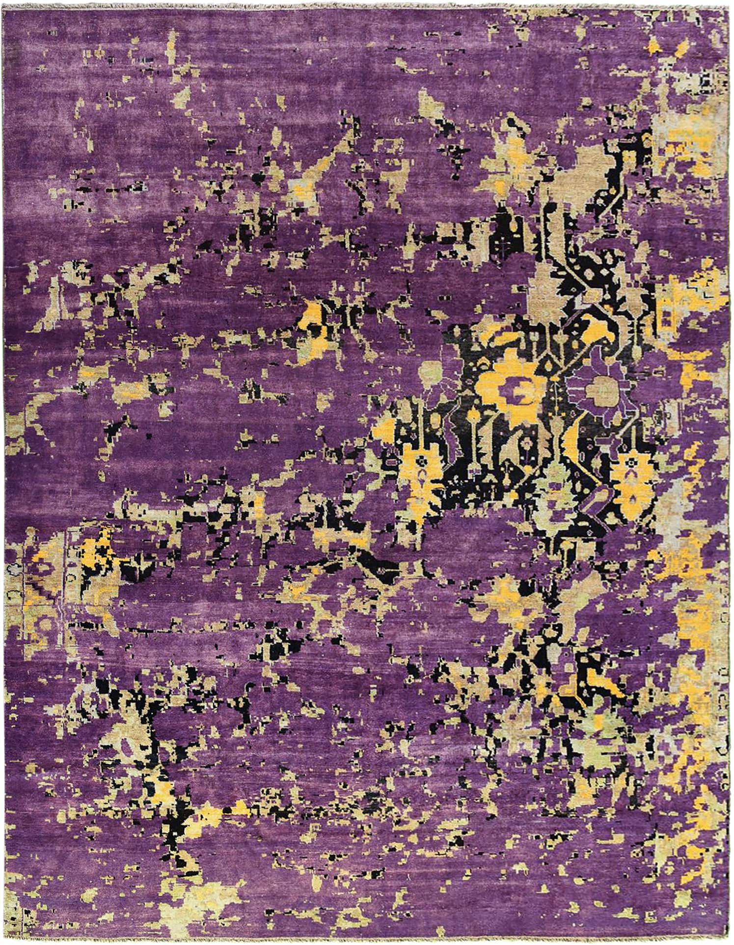 A large 13x18 rectangular Darya area rug featuring a modern, abstract pattern in shades of purple, yellow, and black.
