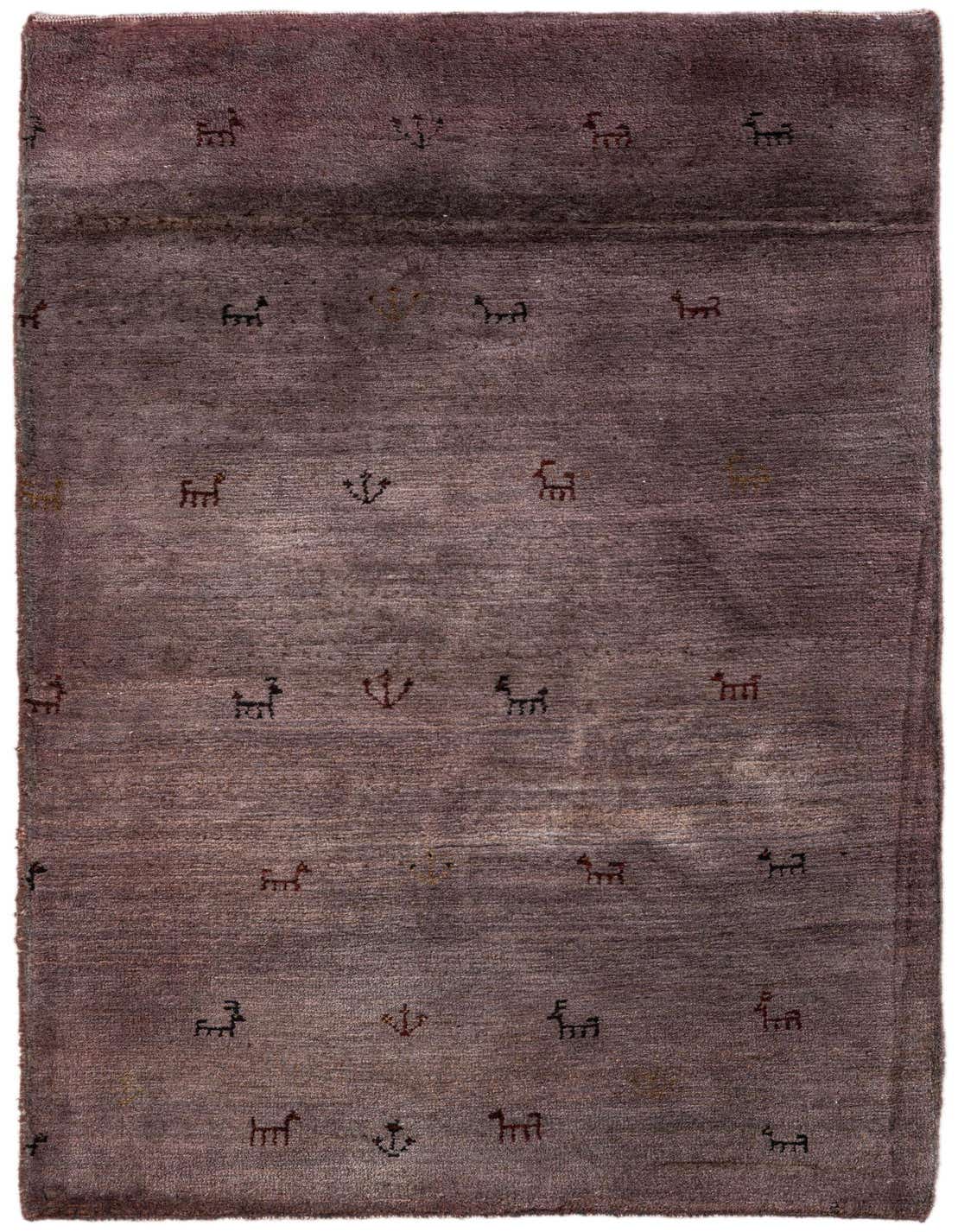 A 3x5 rectangular purple wool rug with a modern, minimalist pattern of small, scattered dark animal-like figures.