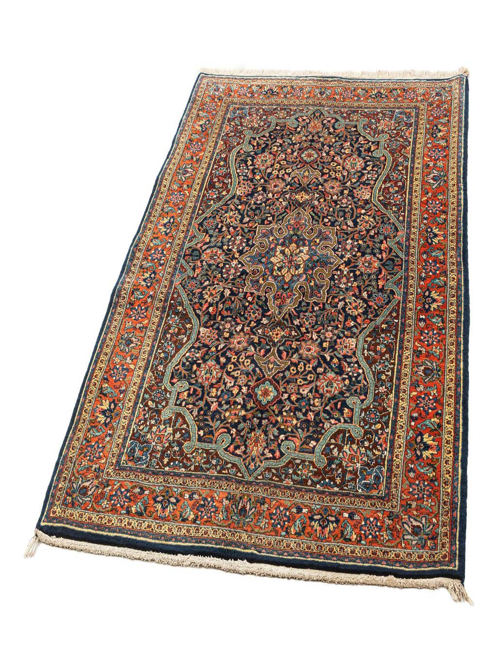 A 4x6 rectangular Ghiassabad rug with a complex traditional pattern in purples, blues, and oranges.
