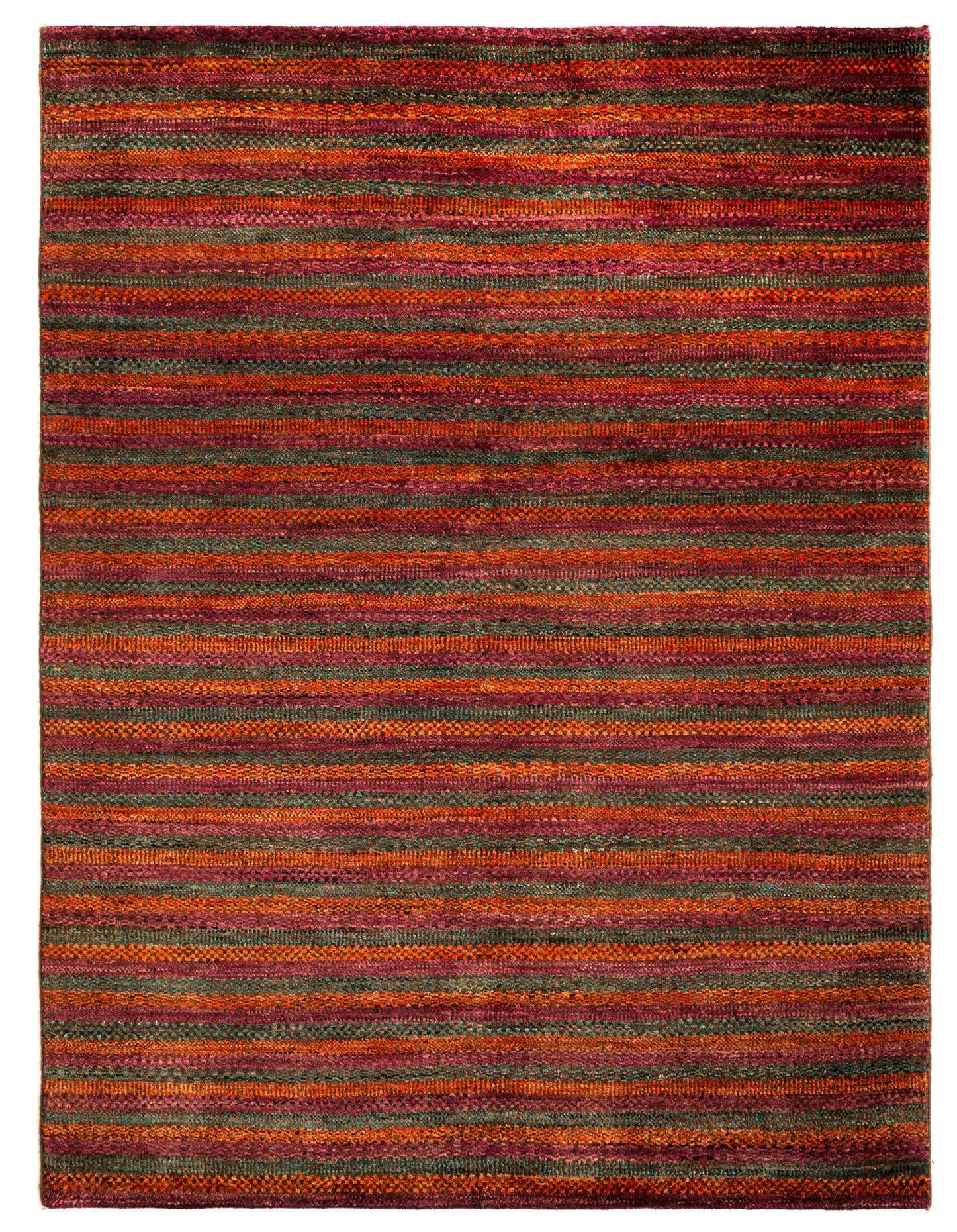 A 4x6 rectangular Juma rug featuring vibrant horizontal stripes in shades of purple, orange, and green.