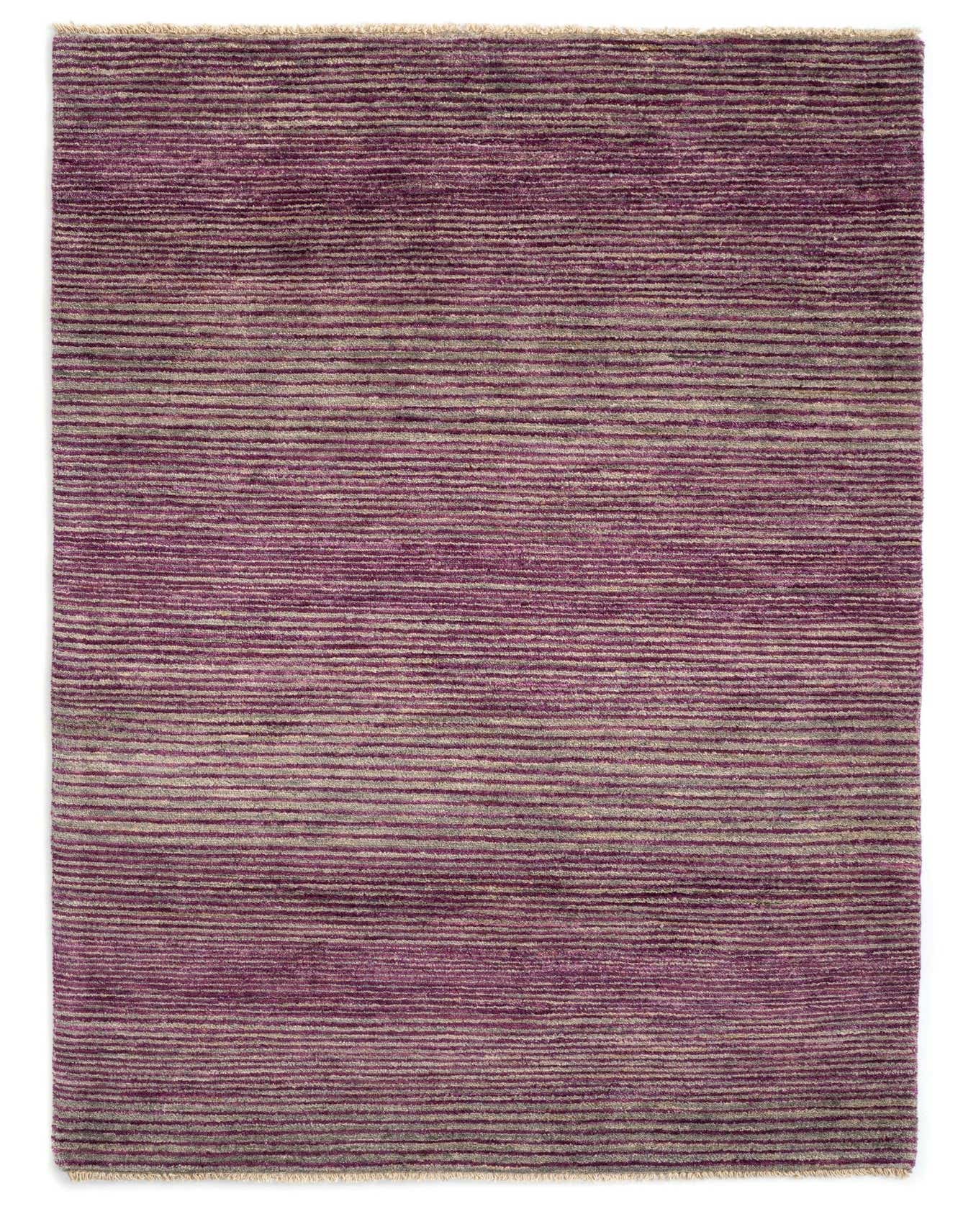 A 4x6 rectangular Juma Persian wool rug featuring horizontal stripes in varying shades of purple.
