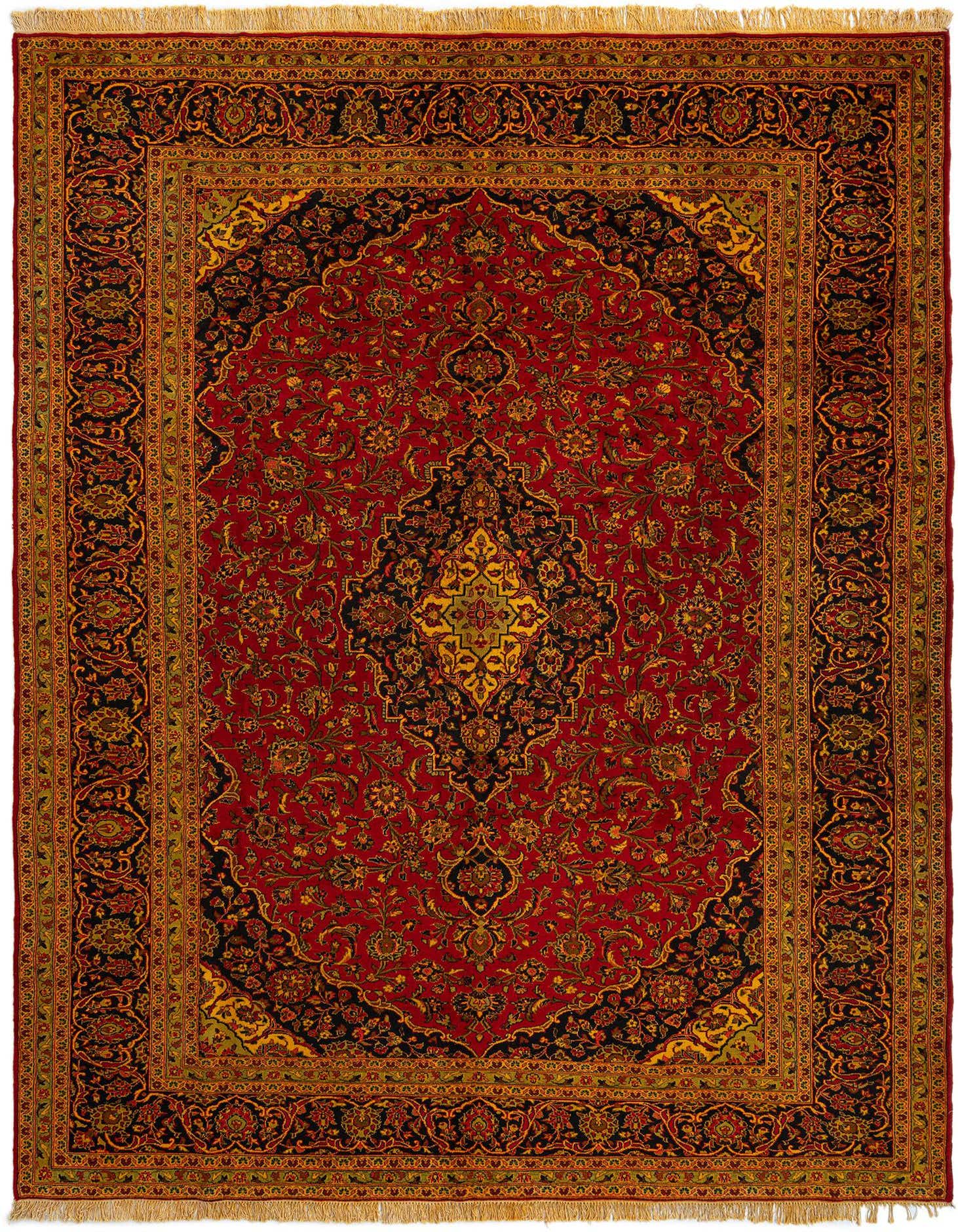 A 10x13 rectangular purple Persian wool rug with intricate floral patterns and a central medallion, featuring gold and black accents.