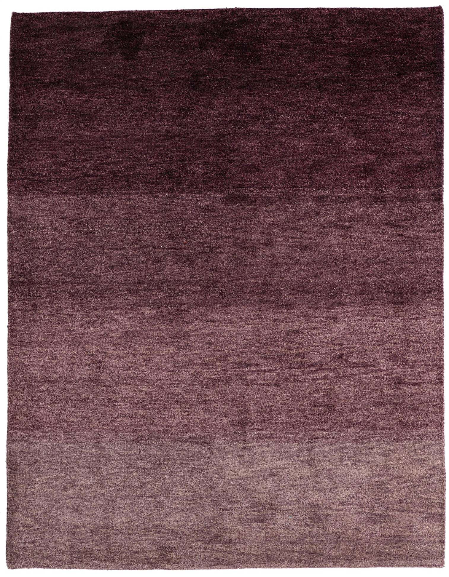 A 5x8 rectangular Kashkuli Gabbeh rug featuring a modern ombre design in varying shades of purple, handmade from wool.