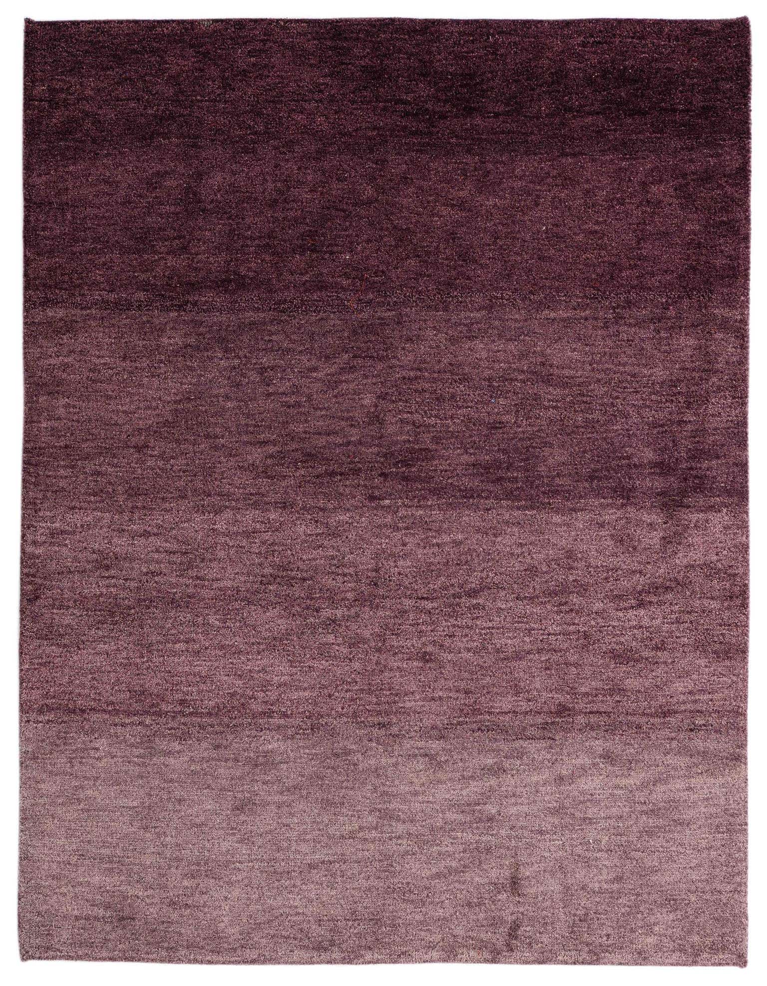 A 5x8 rectangular purple modern area rug with a subtle horizontal ombre effect, handmade from wool.