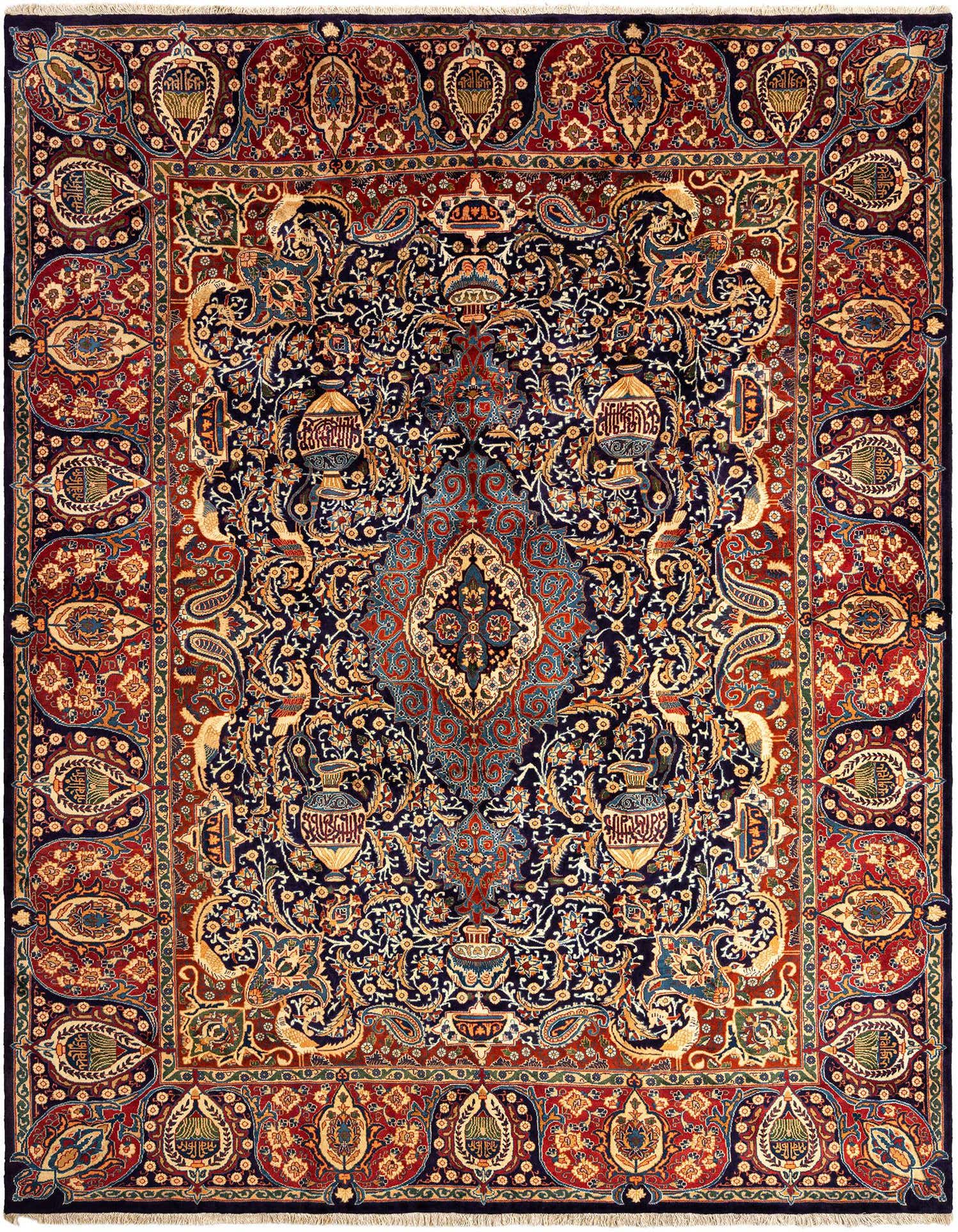 A rectangular 10x13 purple Persian rug with intricate floral and medallion patterns, featuring red borders and detailed motifs.