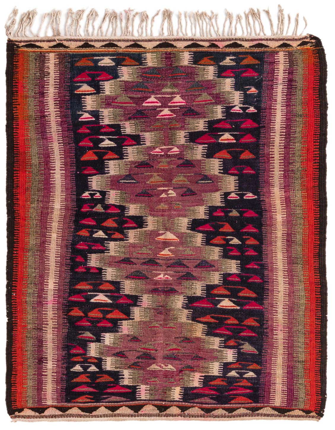 A 4x6 rectangular Kilim Fars wool rug with a vibrant tribal pattern in purples, reds, and neutrals, featuring geometric shapes and fringe.