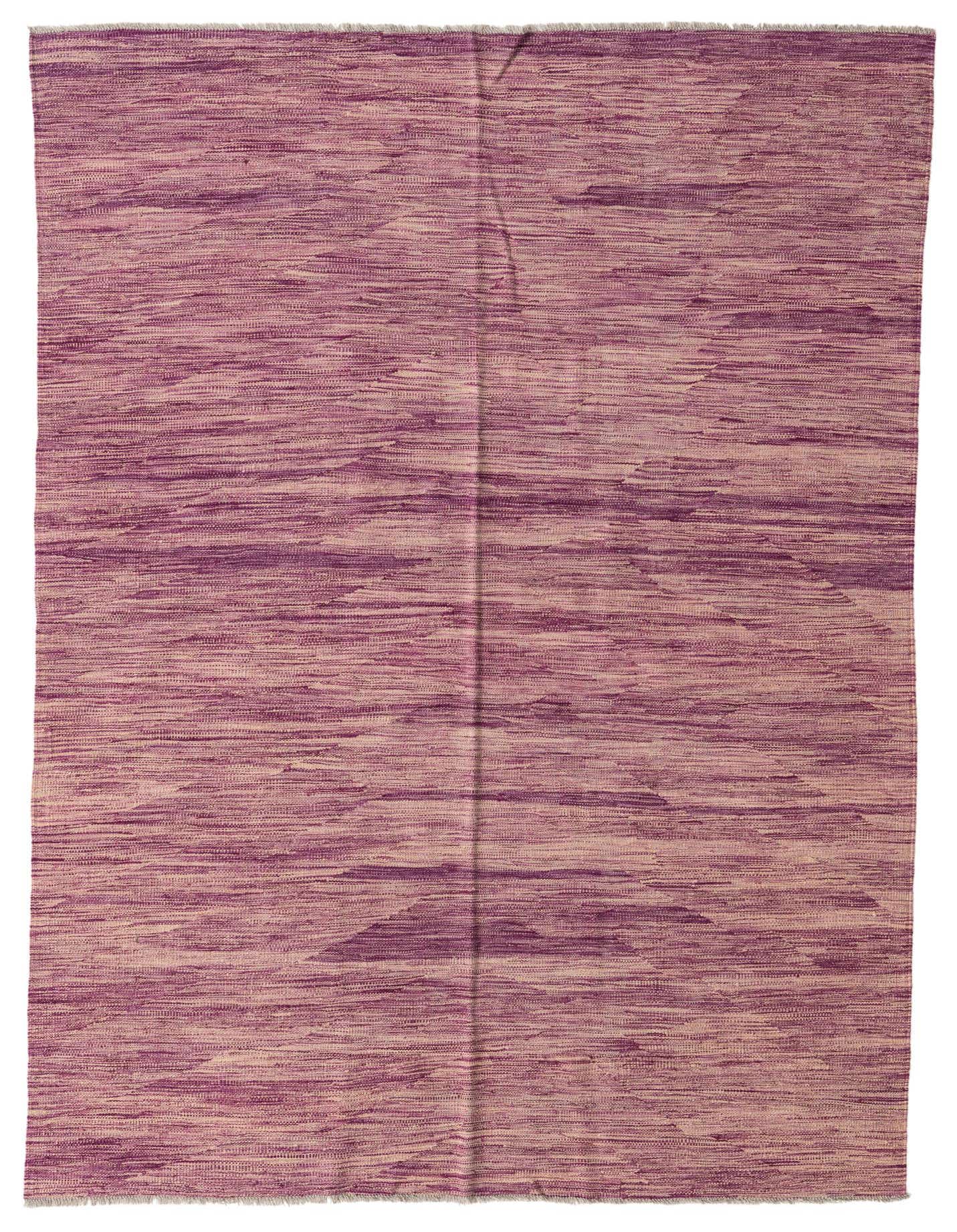 A 5x8 rectangular purple flatweave wool rug with a subtle tribal abstract pattern and fringed edges.