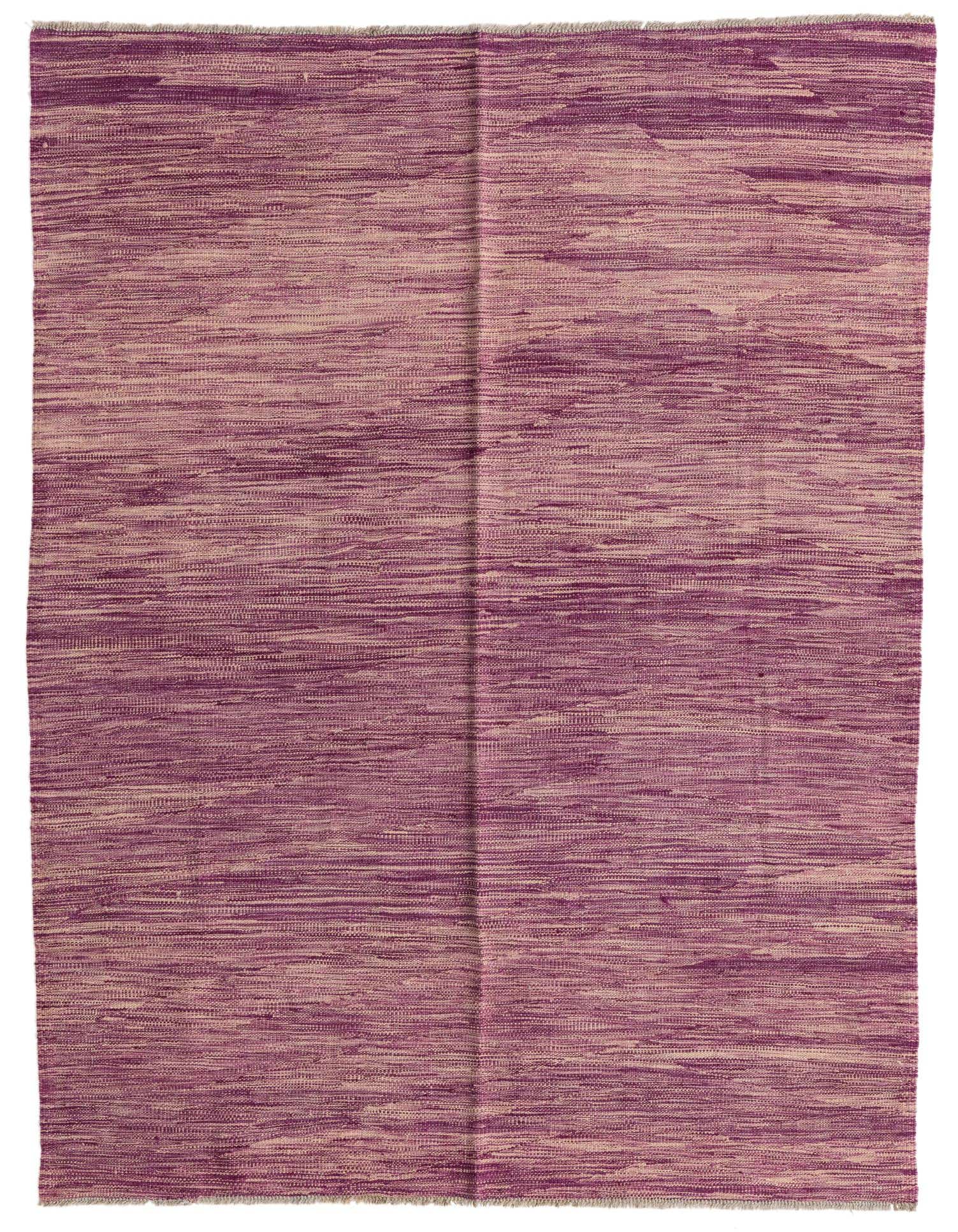 A 5x8 rectangular Kilim Modern rug from Rugs.com, featuring a flatweave texture with variegated purple and beige stripes.