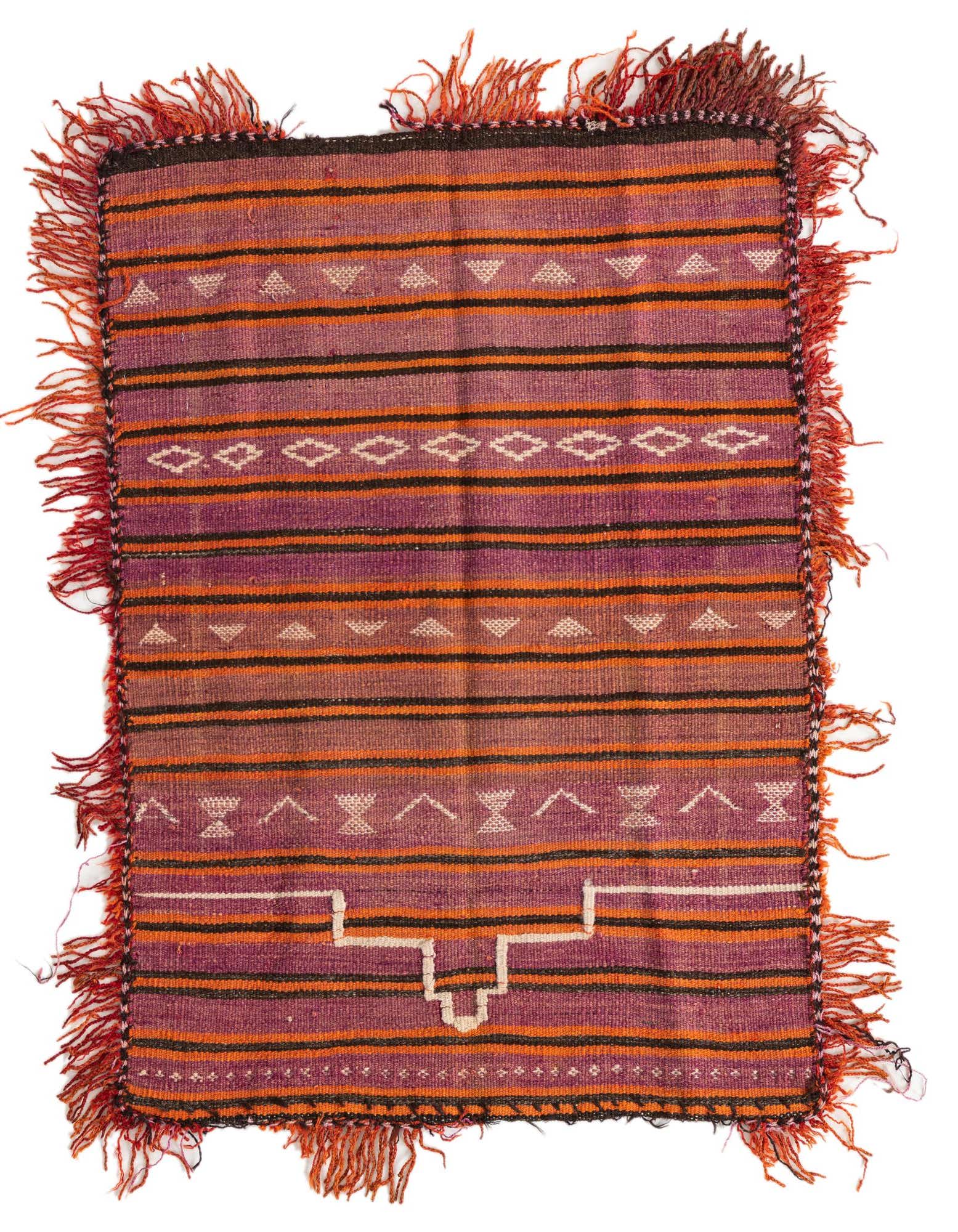 A 3x4 rectangular flatweave rug featuring purple, orange, and black stripes with tribal patterns and red fringe.