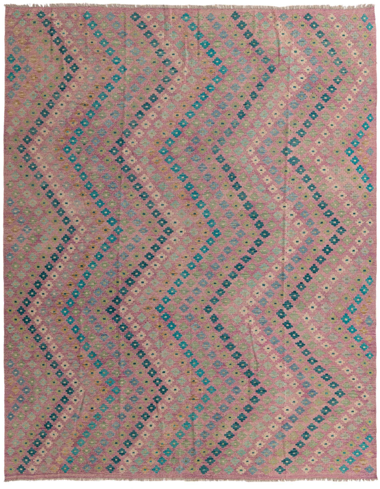 An 8x10 rectangular flatweave rug with a purple background and a modern tribal pattern of diagonal rows of small, colorful geometric shapes in blues, greens, and creams.