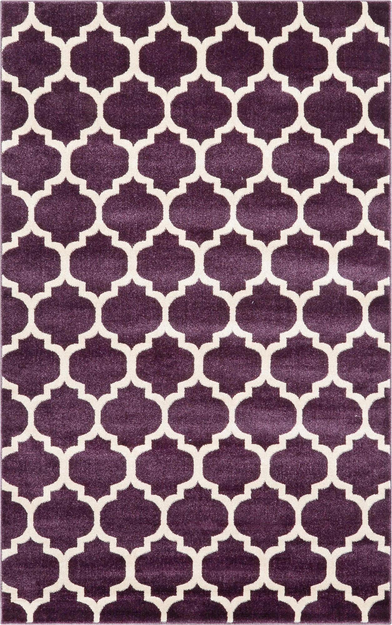 A 5x8 rectangular purple area rug with a repeating white modern trellis pattern, suitable for a living room.