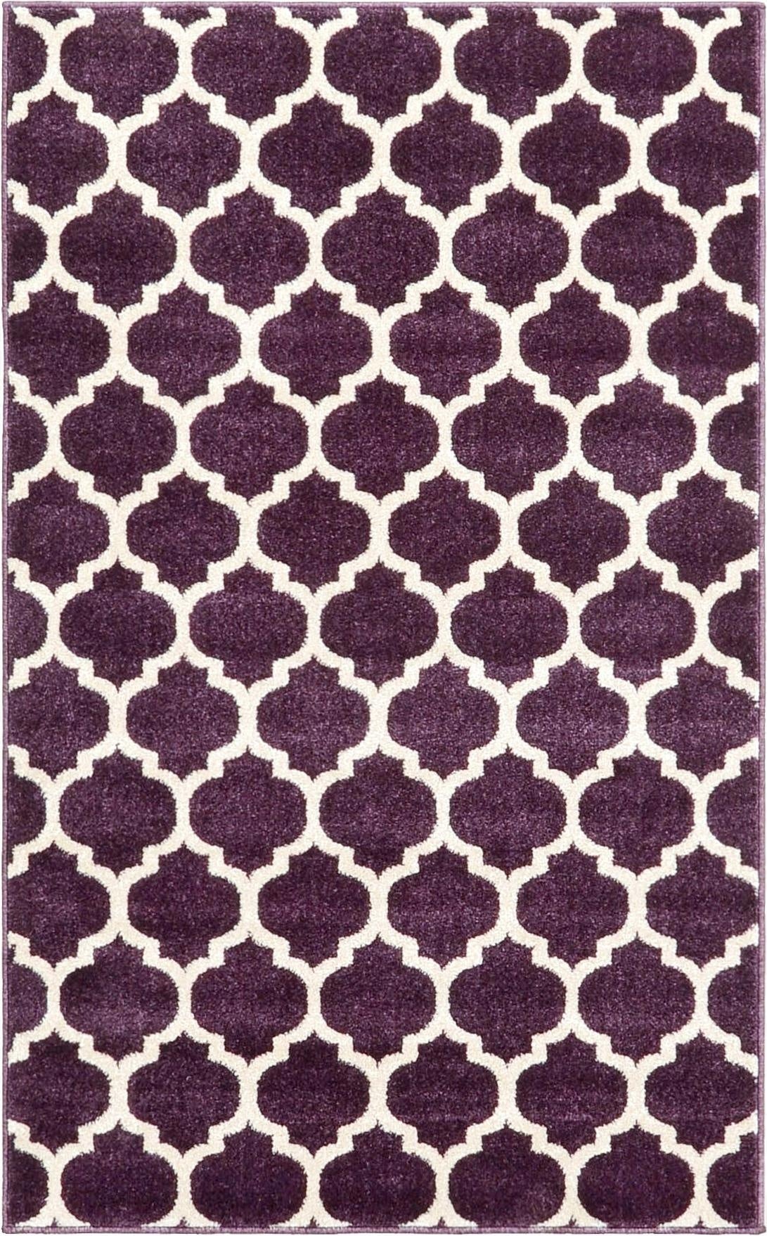 A 3x5 rectangular purple rug with a repeating white modern trellis pattern, suitable for a kitchen or entryway.