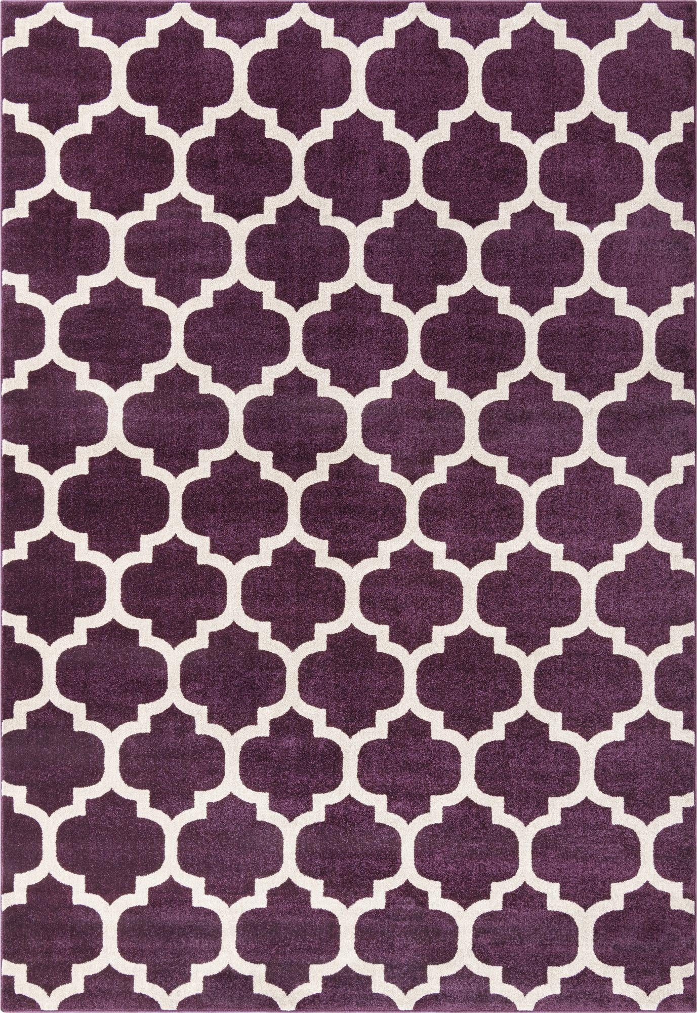 A 7x10 rectangular purple and white modern trellis rug with a medium pile, suitable for a living room.