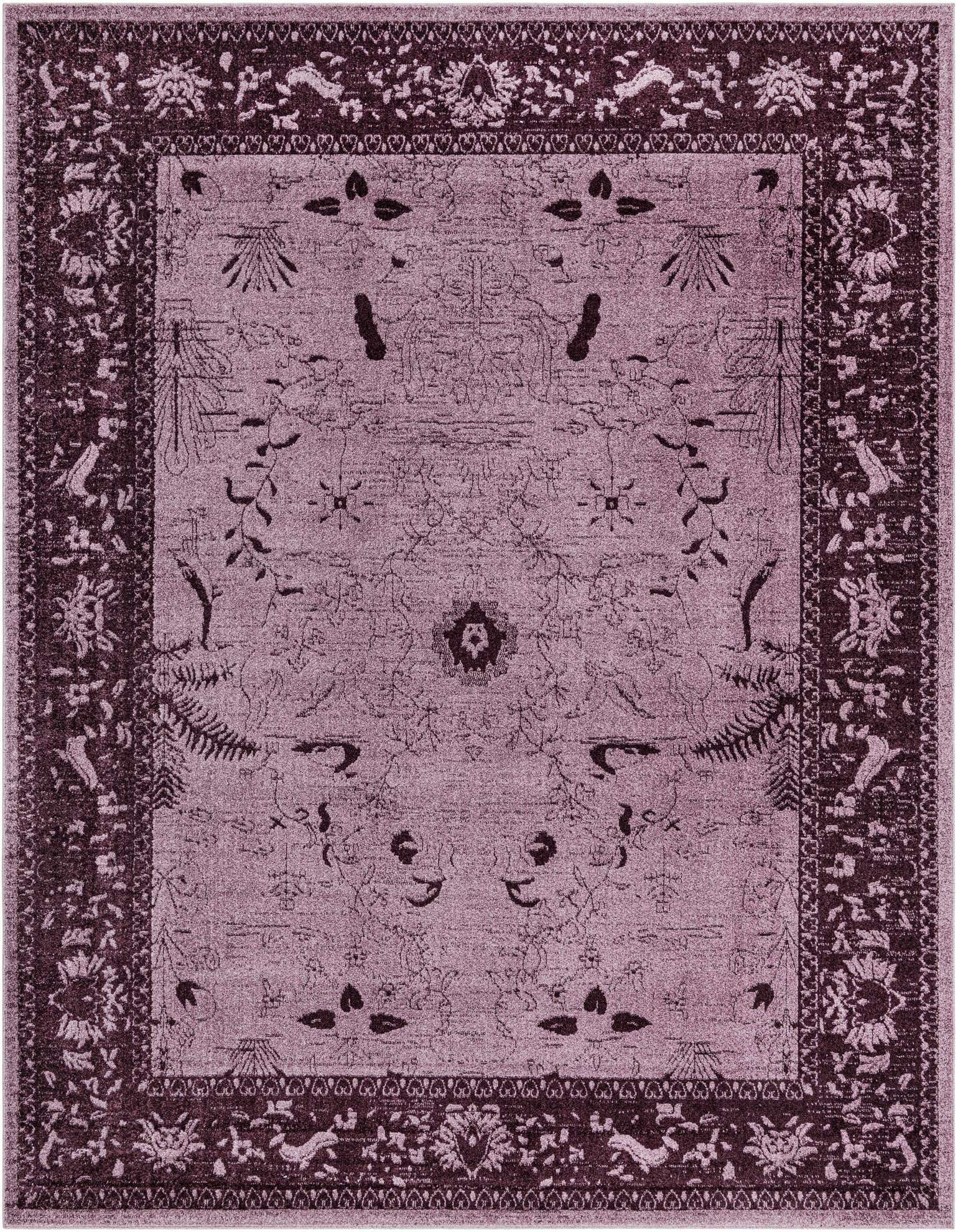 A 10x13 rectangular purple area rug with a distressed traditional botanical pattern and a dark purple floral border.