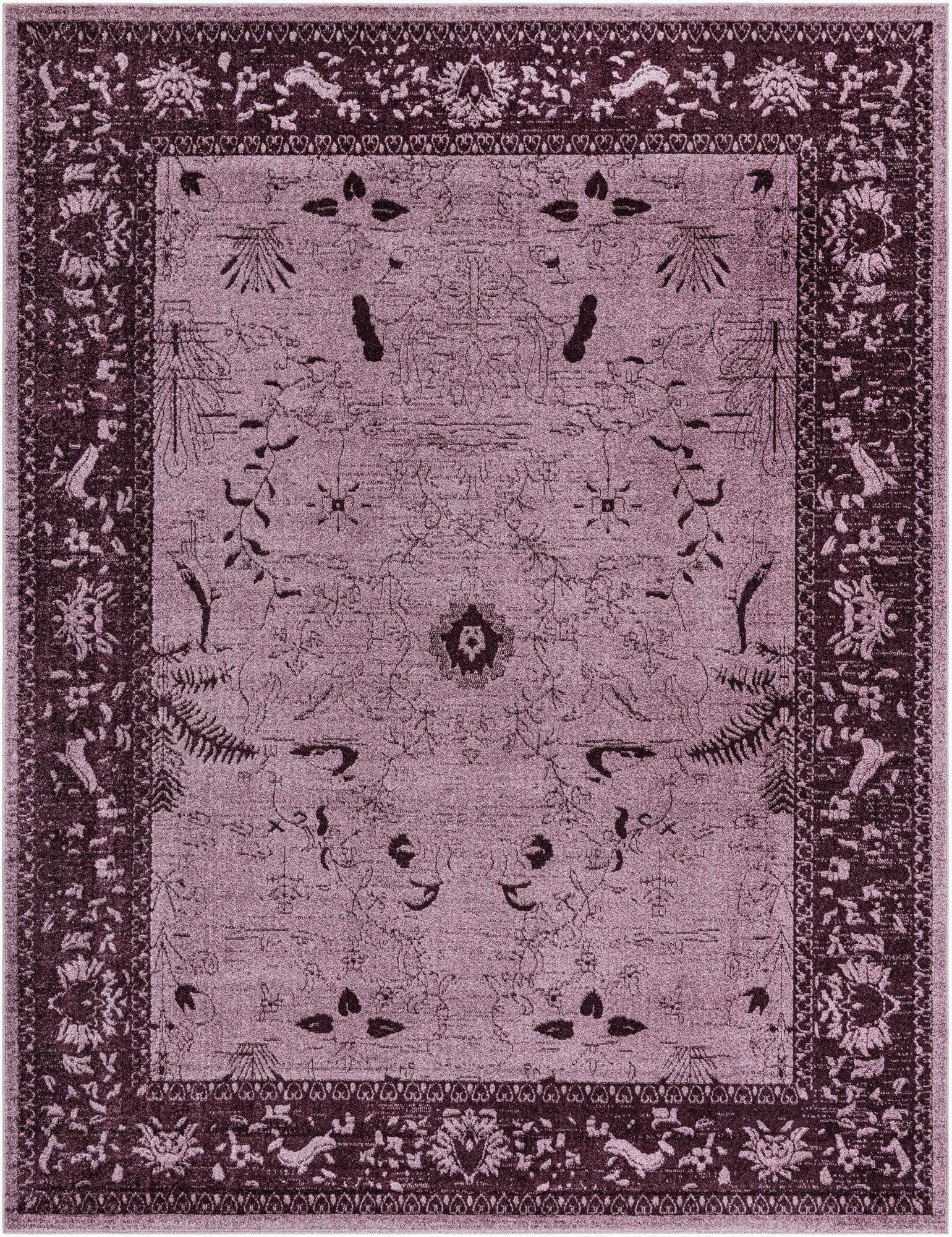 A 10x13 rectangular purple area rug with a distressed traditional botanical pattern and a dark purple floral border.