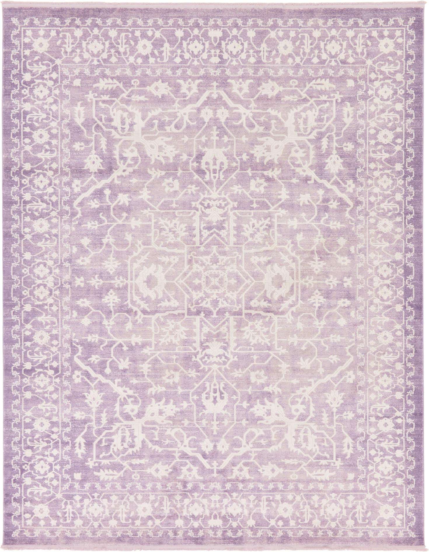 A 9x12 rectangular purple area rug with an intricate white botanical medallion and border pattern, suitable for a living room.