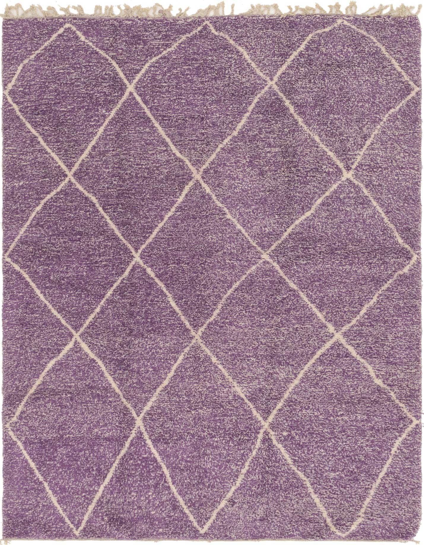 A rectangular 7x10 purple shag rug with a cream diamond trellis pattern and fringed edges, perfect for a modern living room.