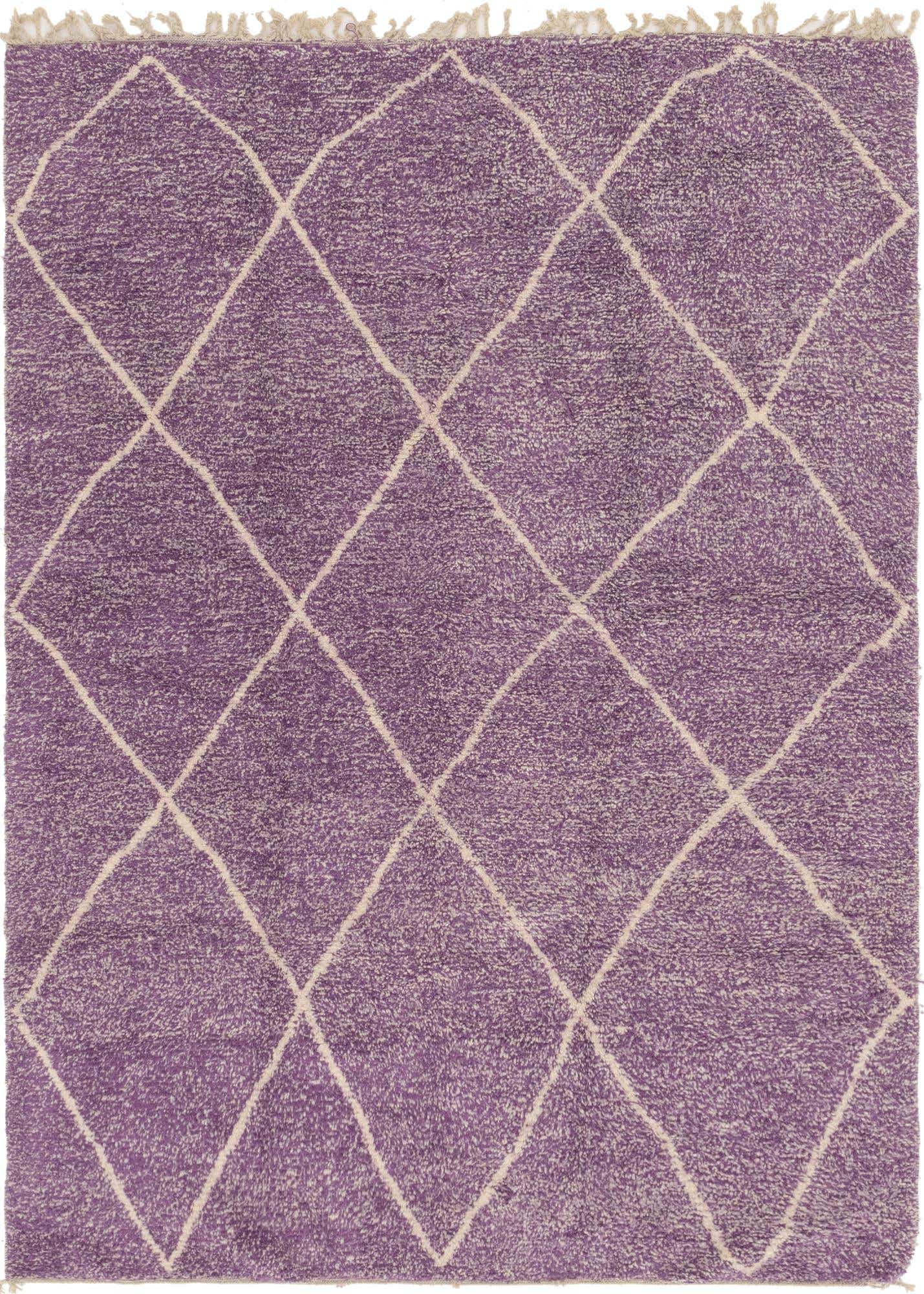 A rectangular 7x10 purple shag rug with a cream diamond trellis pattern and fringed edges, perfect for a modern living room.
