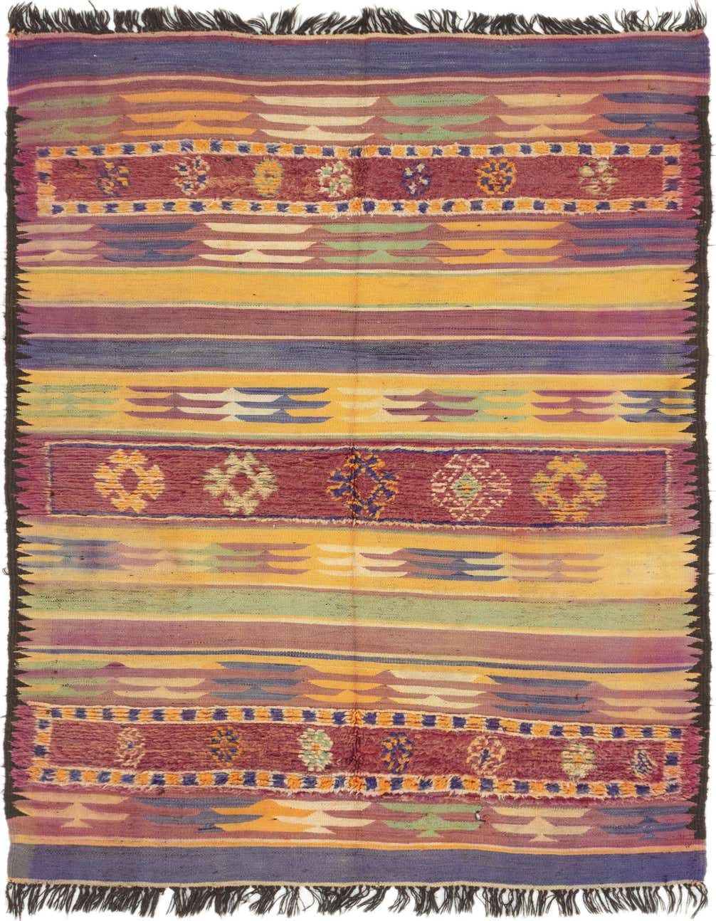 A 6x9 rectangular Moroccan tribal wool rug with stripes of purple, yellow, green, and red, featuring shag texture and decorative patterns.