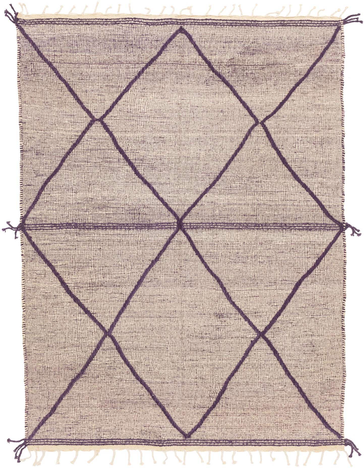 A 7x10 rectangular purple and beige tribal wool rug with a modern diamond pattern and fringe.