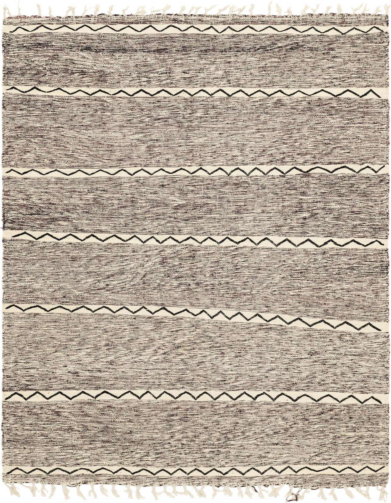 A 7x10 rectangular Moroccan shag rug with a textured purple and cream base, featuring horizontal black zigzag lines.