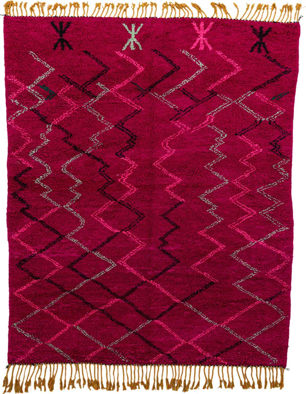A 6x9 rectangular Moroccan shag rug in deep purple with a tribal diamond pattern in black, pink, and light green, featuring golden fringe.