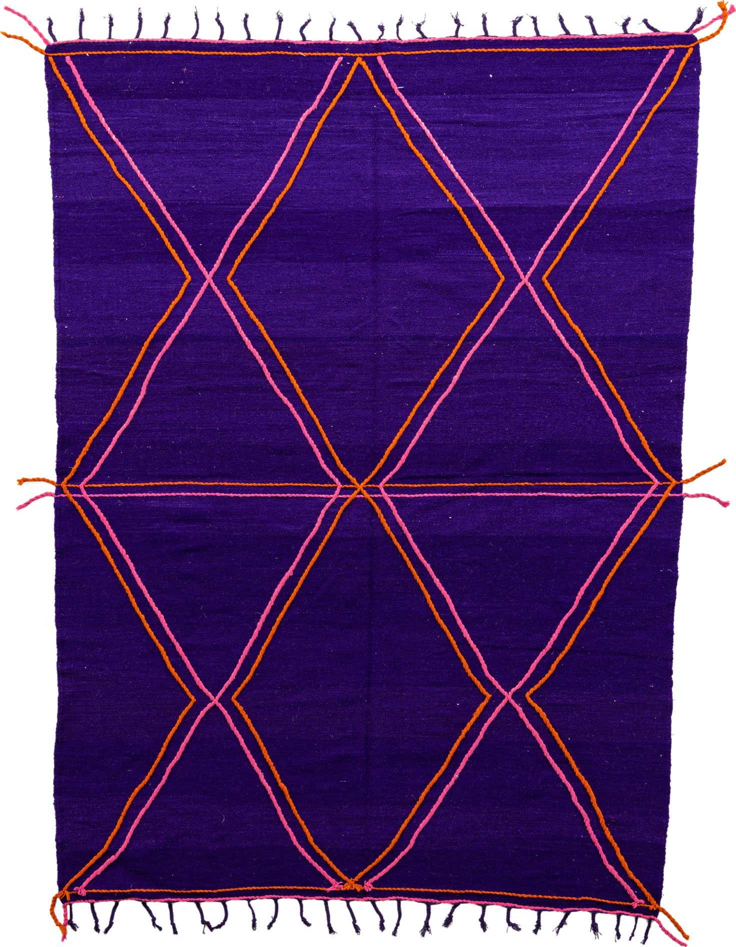 A 7x10 purple Moroccan shag rug with orange and pink tribal diamond patterns and fringe.
