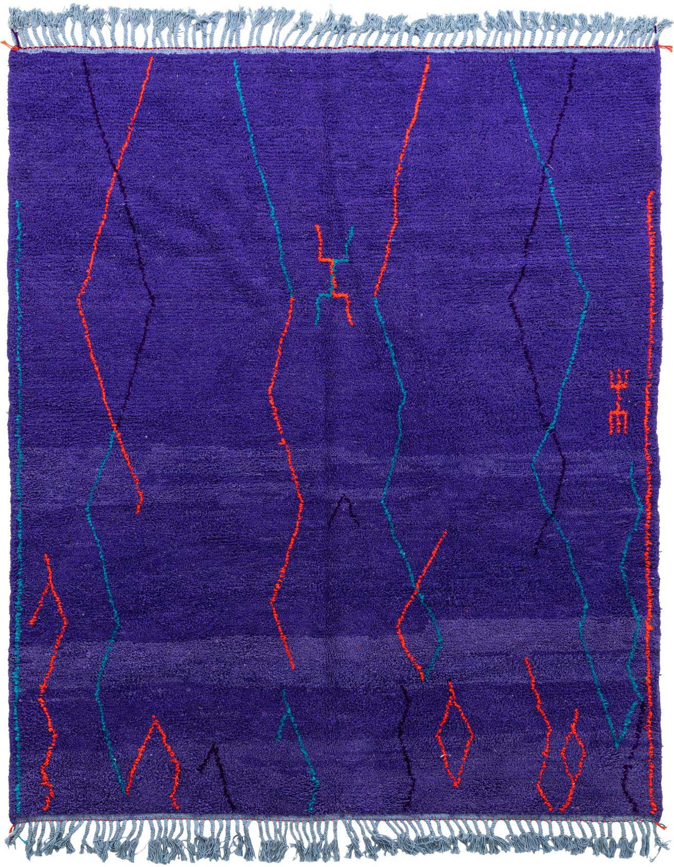A 7x10 rectangular purple shag rug with a modern tribal pattern of thin red and teal lines, featuring light blue fringe.