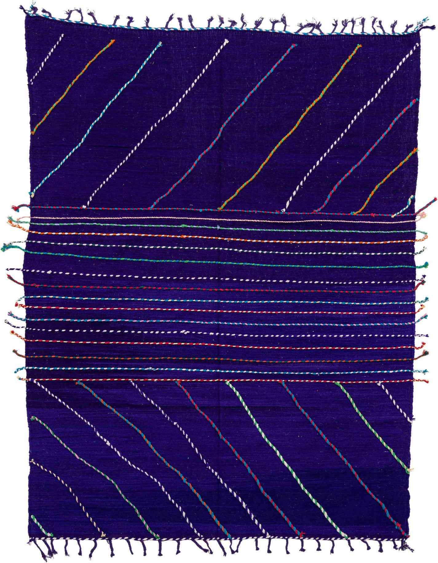 A 7x10 rectangular purple shag rug with colorful tribal stripes, ideal for a living room or bedroom.