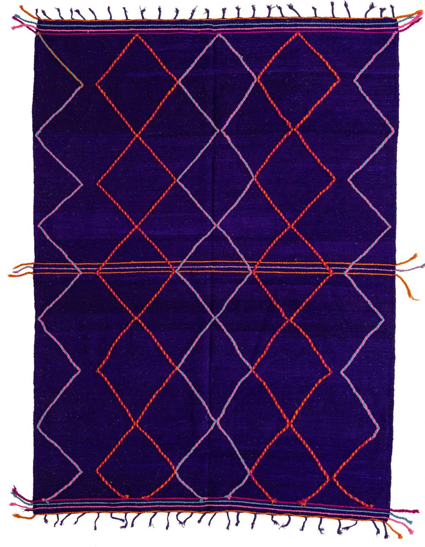 A 7x10 rectangular purple shag rug with a vibrant tribal diamond pattern in orange, pink, and light blue, suitable for a living room.