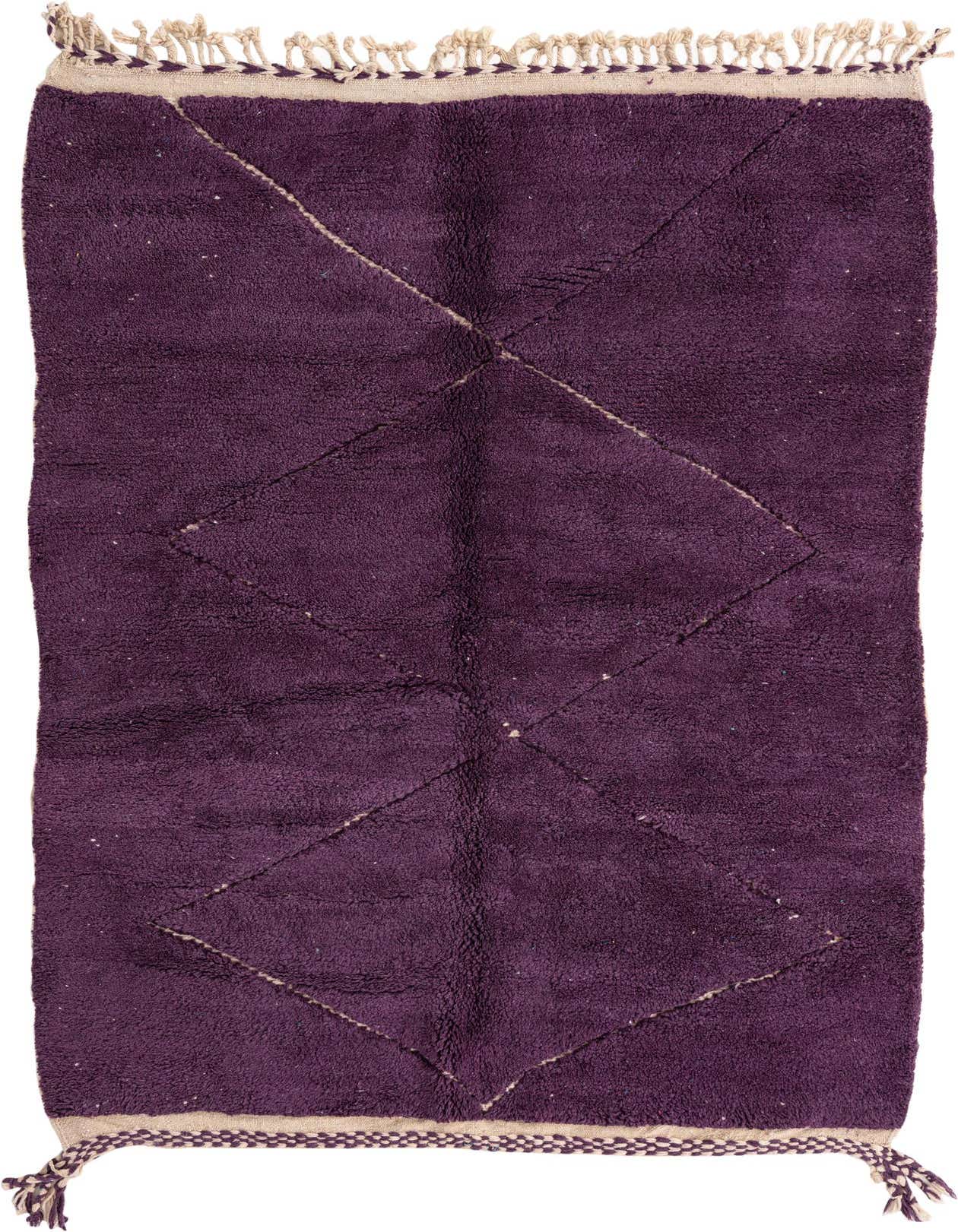 A 6x9 rectangular purple shag rug with a cream tribal diamond pattern and fringed ends, suitable for a living room.