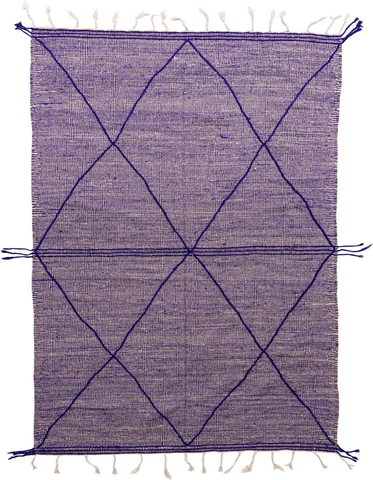 A 6x9 rectangular purple wool shag rug with a modern tribal diamond pattern and fringe.