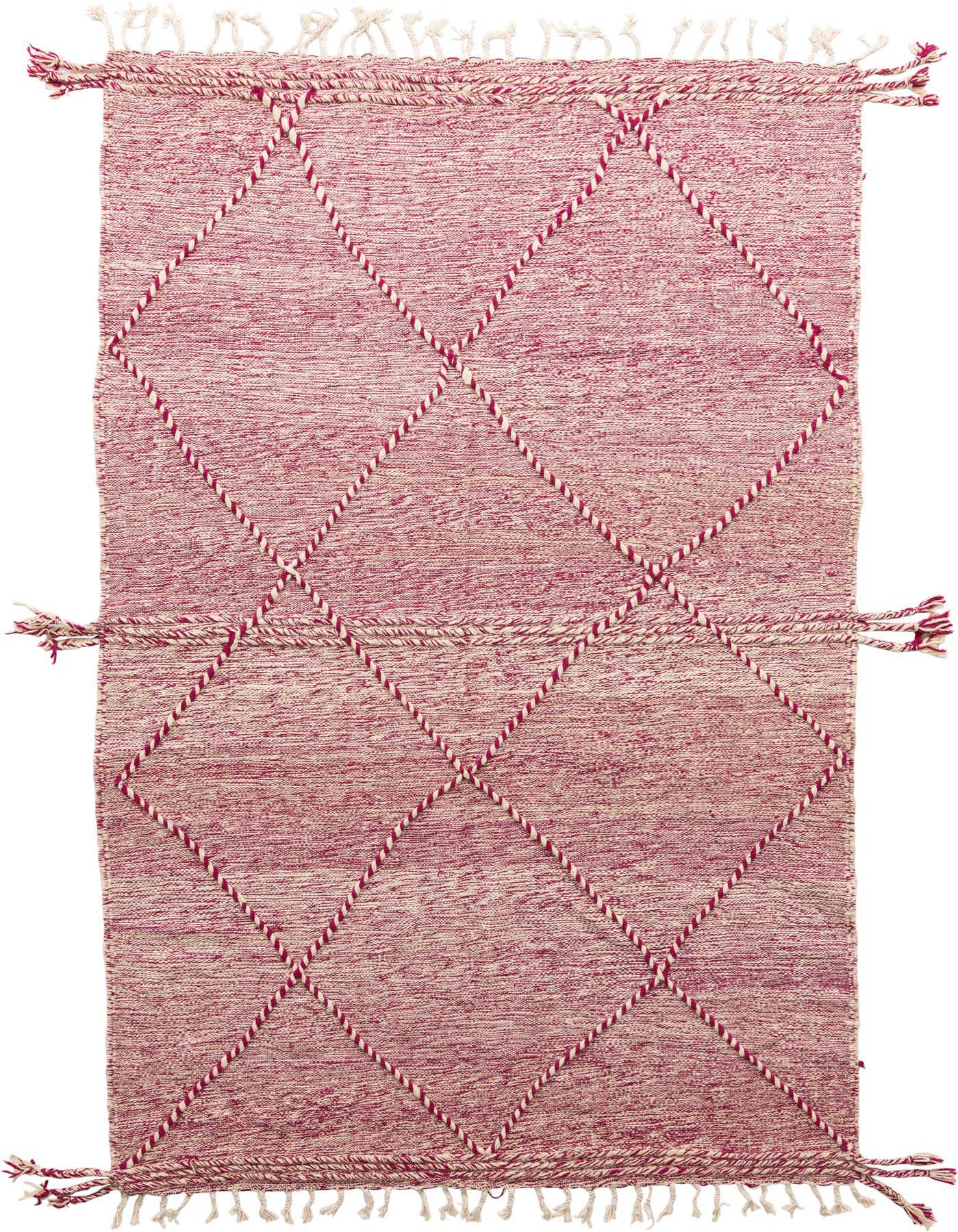 A 6x9 rectangular purple shag rug with a white diamond tribal pattern and decorative tassels.