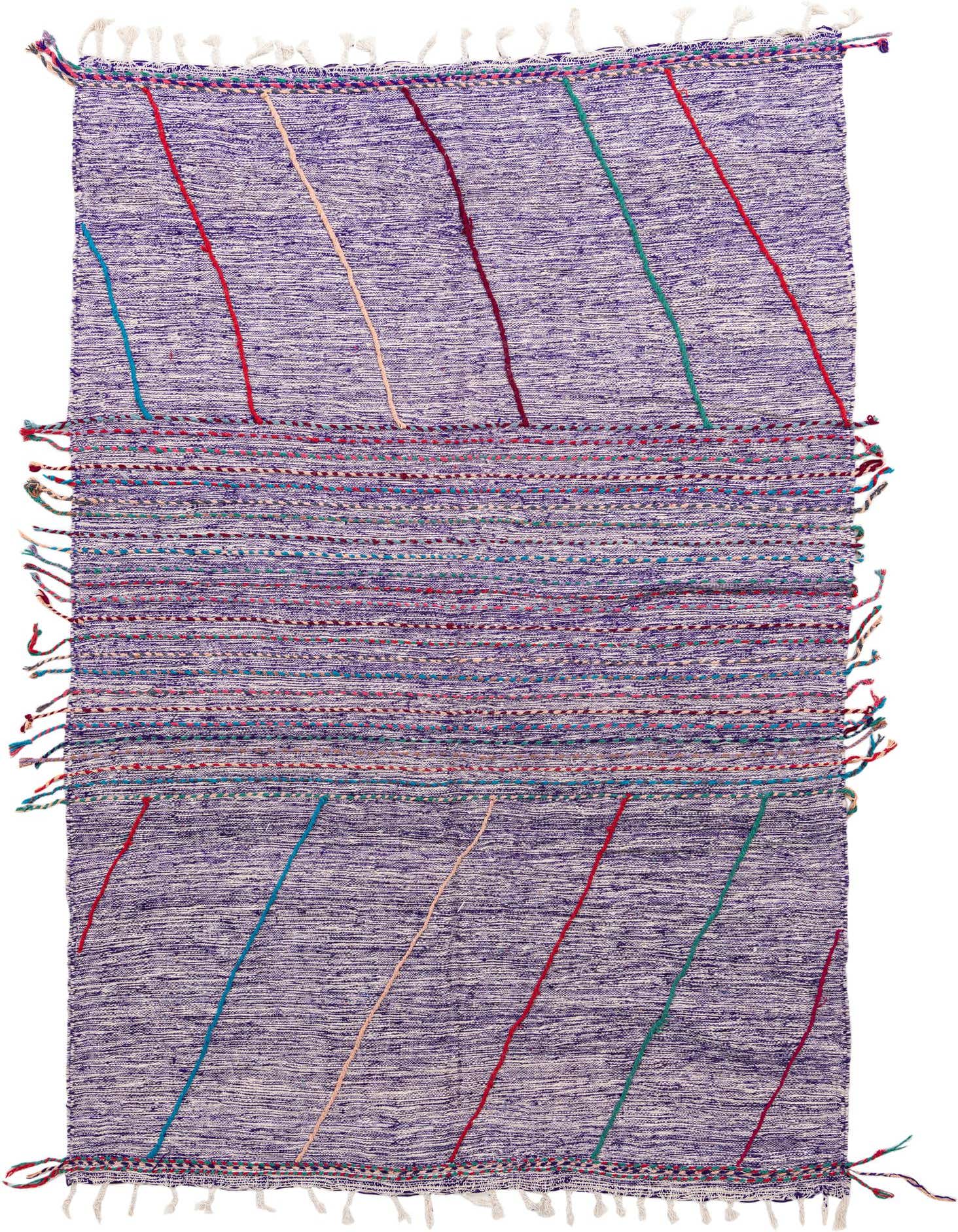 A 6x9 rectangular purple shag rug with colorful diagonal stripes and a central patterned band, suitable for a living room.