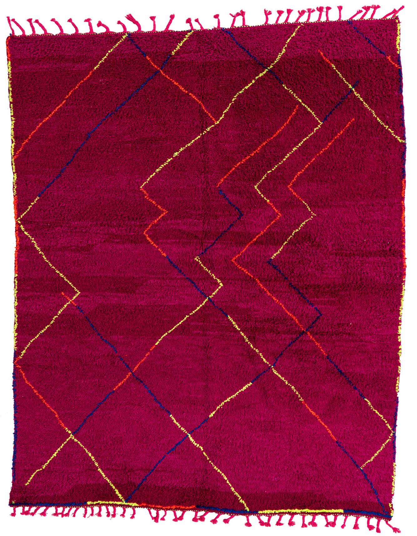 A 6x9 rectangular purple shag rug with a modern tribal pattern of yellow, orange, and blue abstract lines.