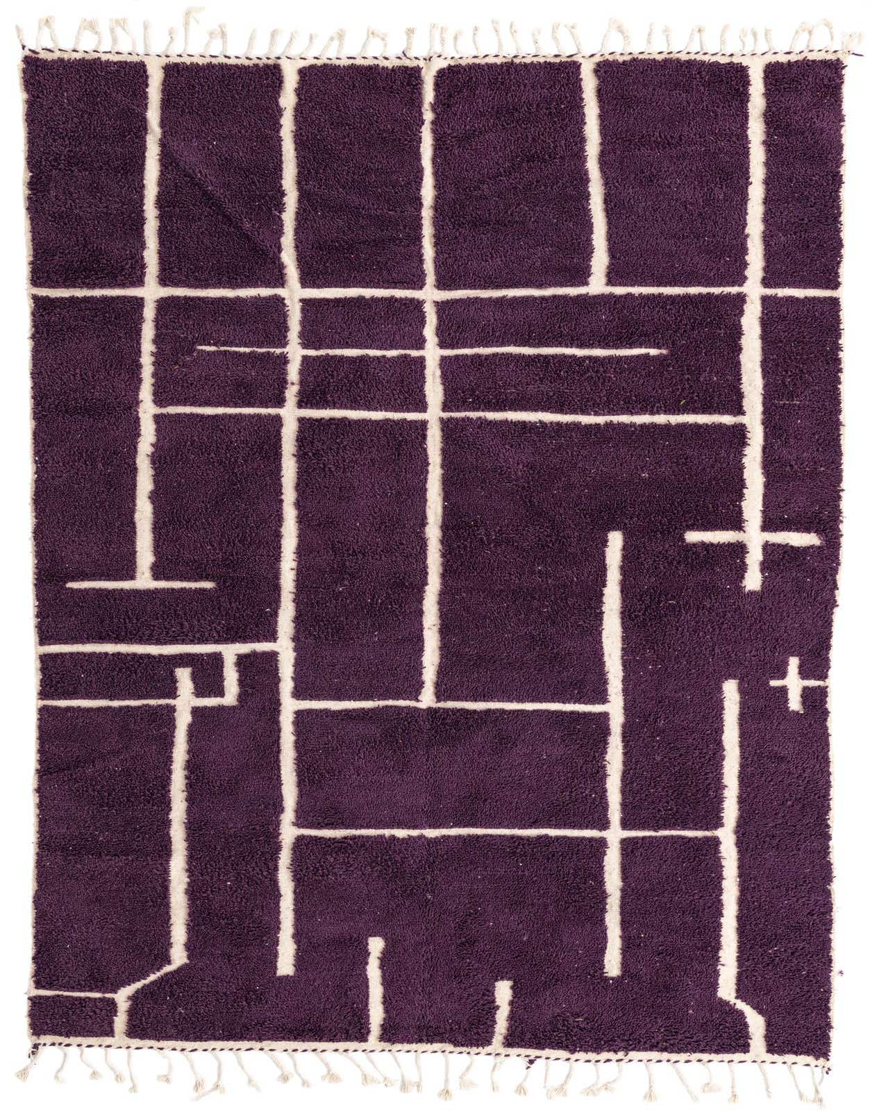 A 7x10 rectangular purple shag rug with an abstract tribal pattern of thick cream lines and fringe.