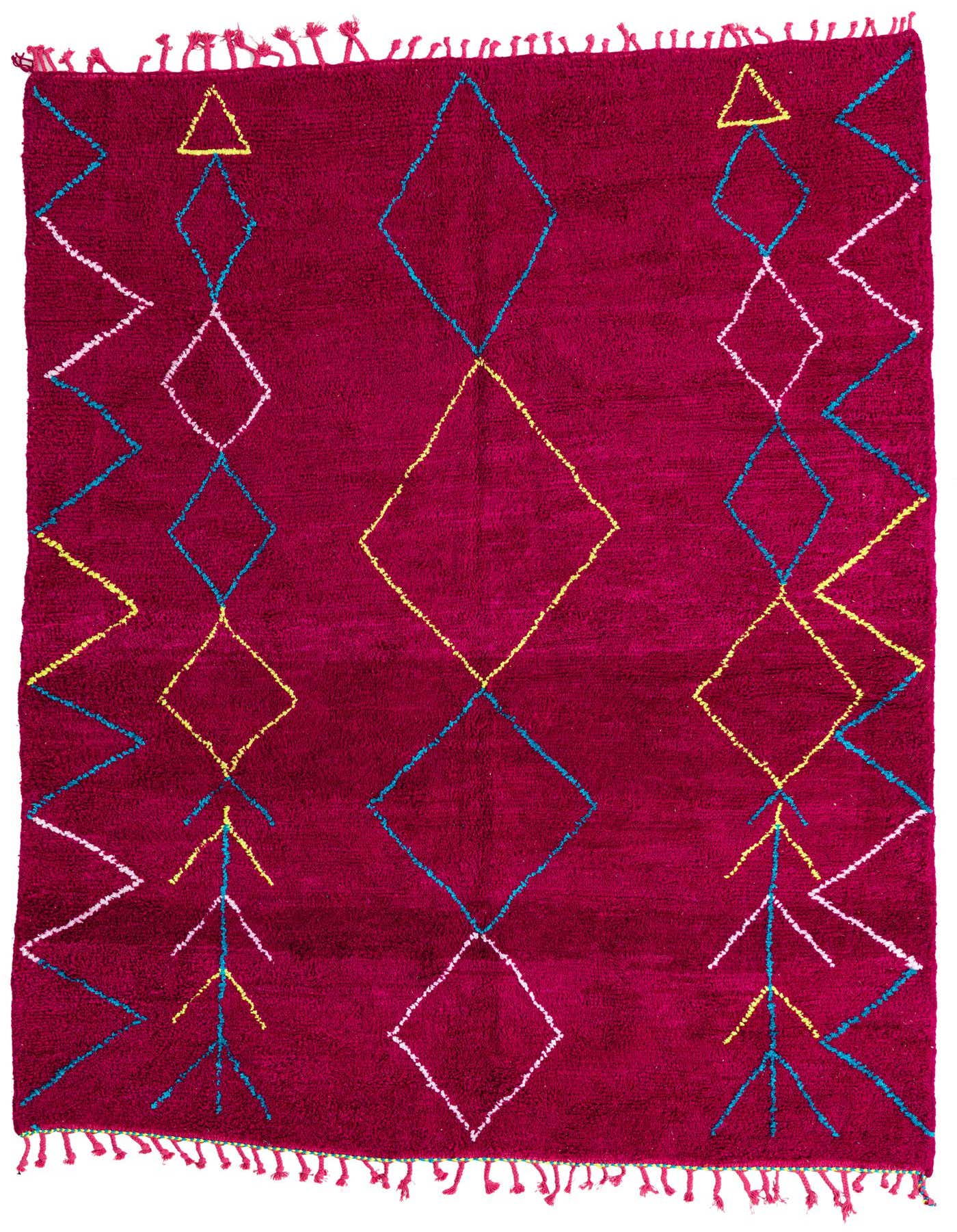 A 7x10 rectangular purple shag rug with a modern tribal pattern of yellow, blue, and white diamonds and zigzags.
