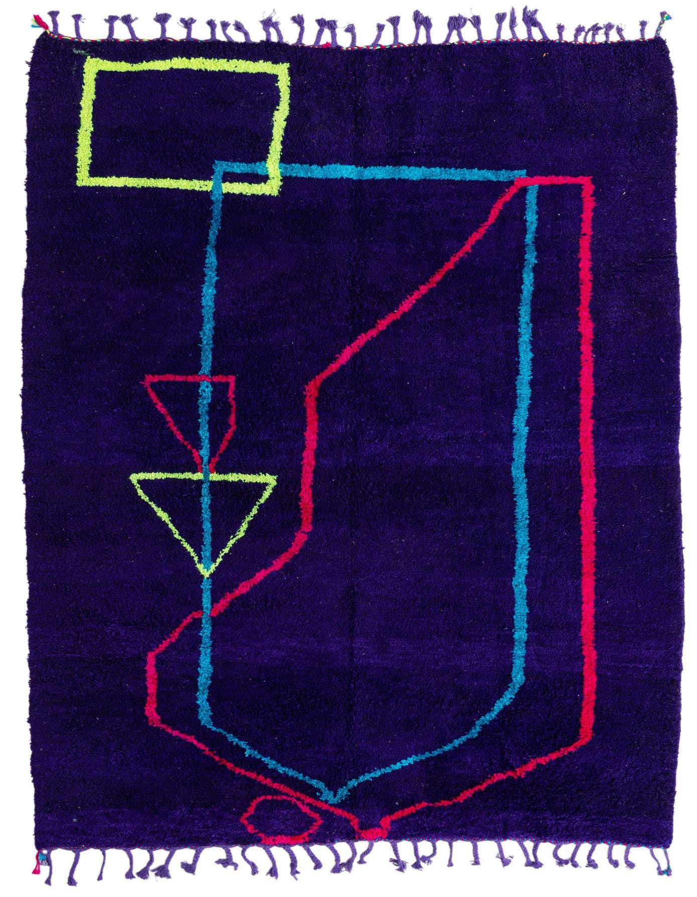 A 7x10 rectangular purple shag rug with a modern tribal abstract pattern in neon green, hot pink, and turquoise lines.