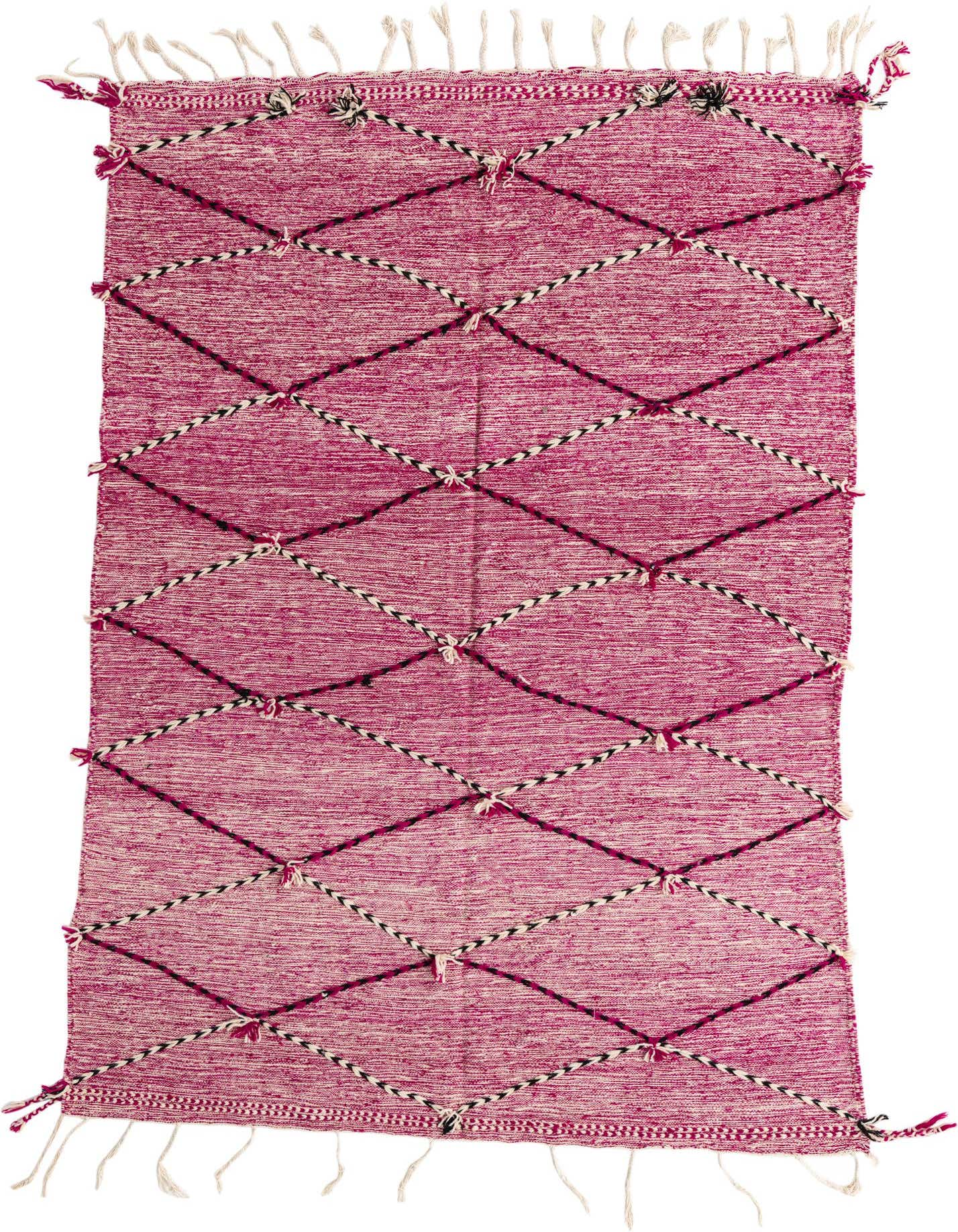 A 6x9 rectangular purple shag rug with a modern tribal diamond pattern in black and white, featuring decorative tassels.