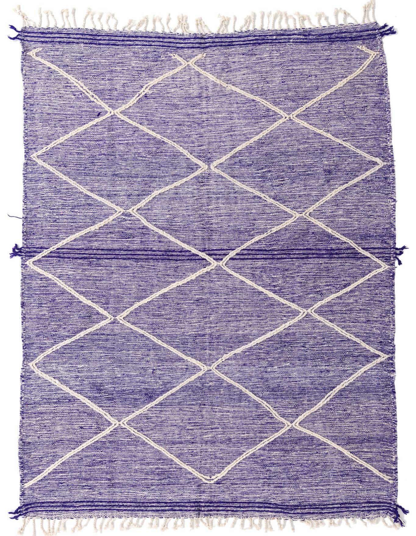 A 7x10 rectangular purple shag rug with a white tribal diamond pattern and fringed edges, suitable for a living room.