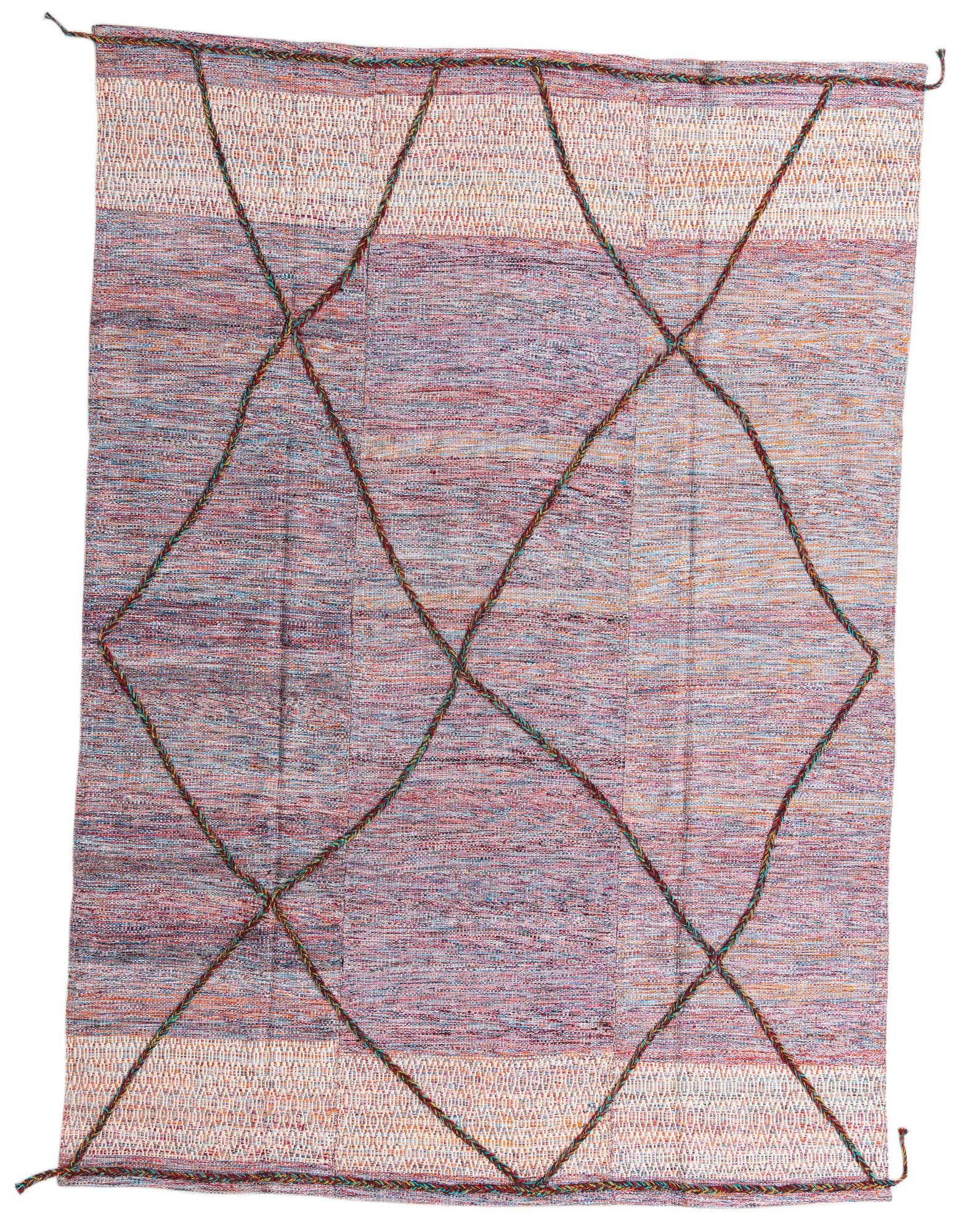 A 7x10 rectangular purple tribal shag rug with a modern abstract design and braided diamond pattern.