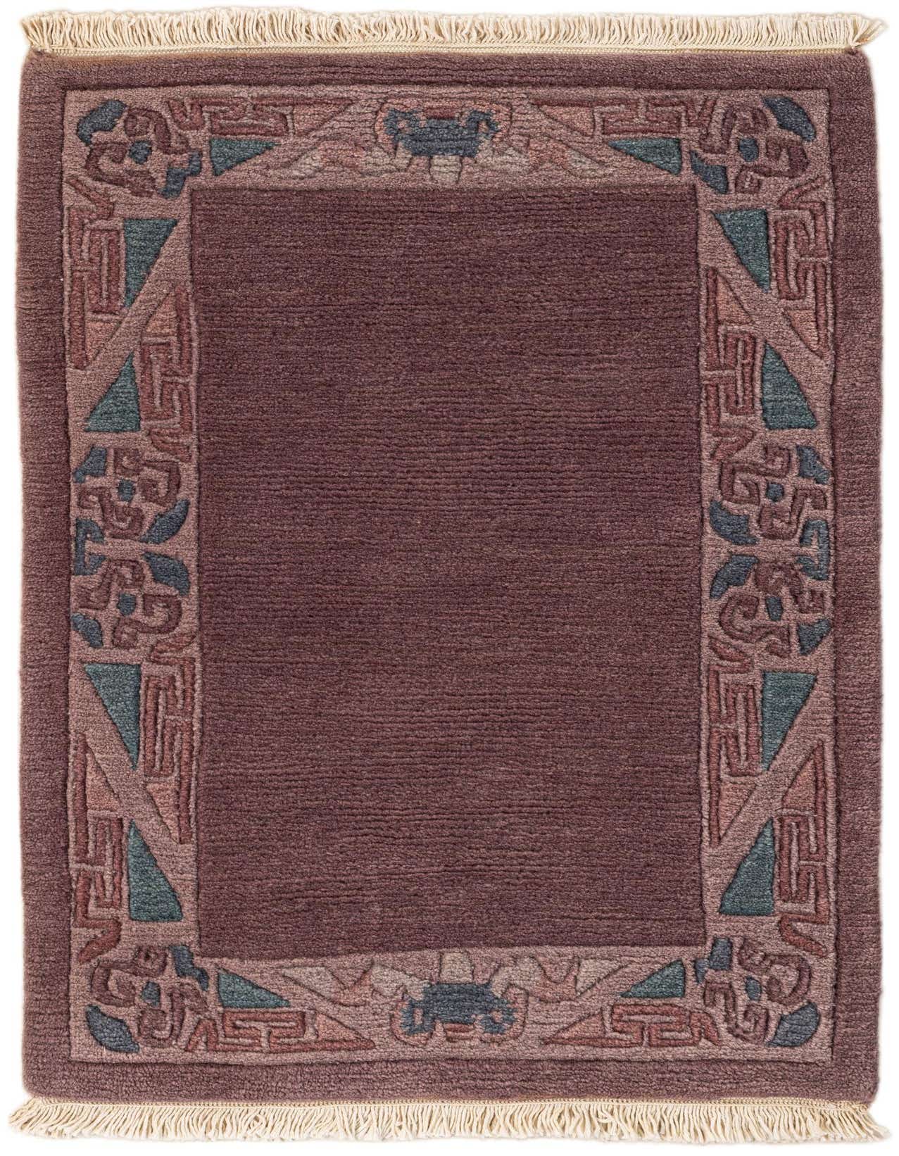 A 2x3 rectangular purple wool rug with a modern oriental border pattern in shades of teal, pink, and brown, featuring fringe.